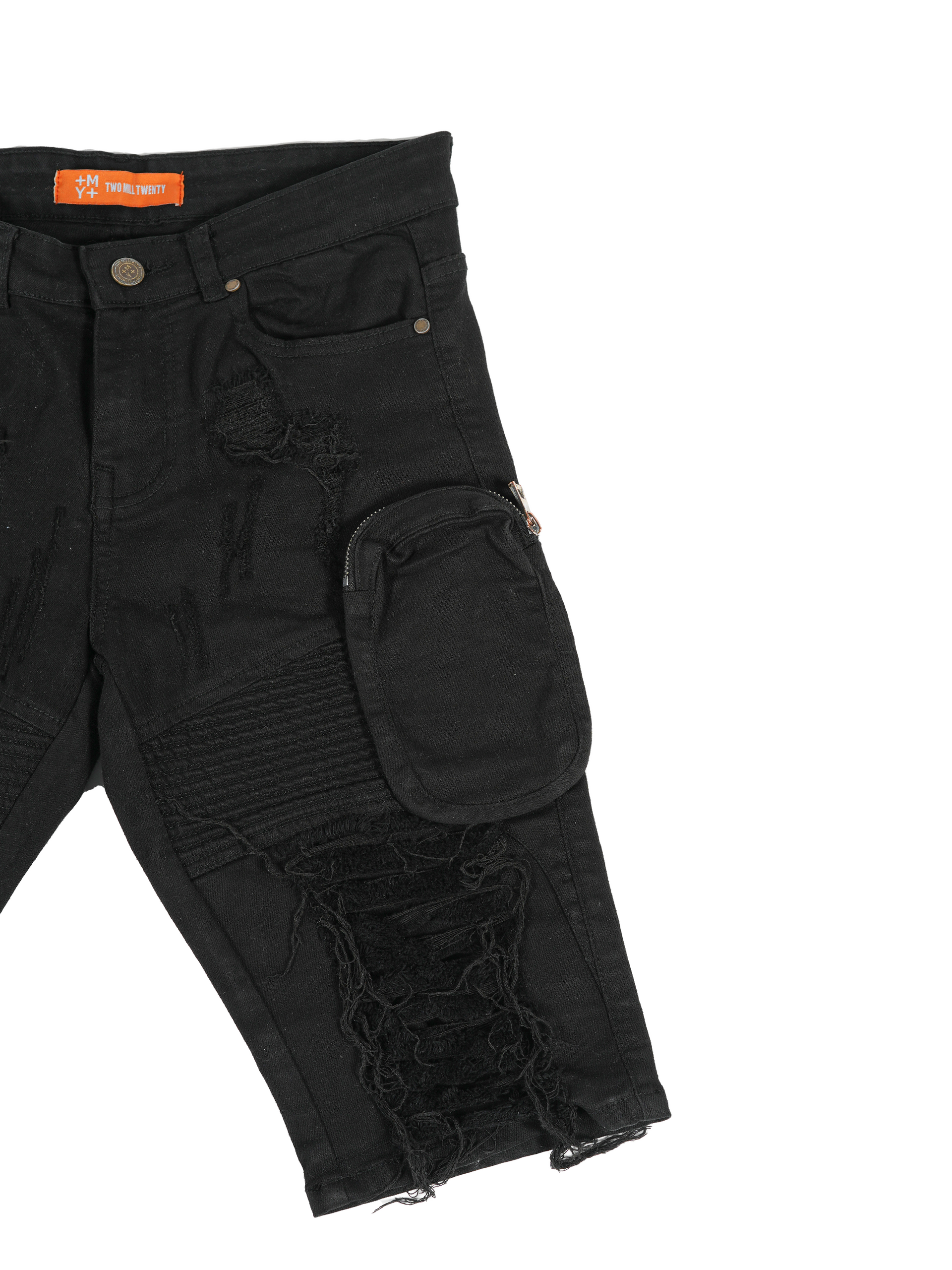 STATE | Men's Slim Fit Frayed Cutoff Destroyed Ripped Distressed Knee Length Denim Jean Shorts with Cargo Pockets in Vintage Black
