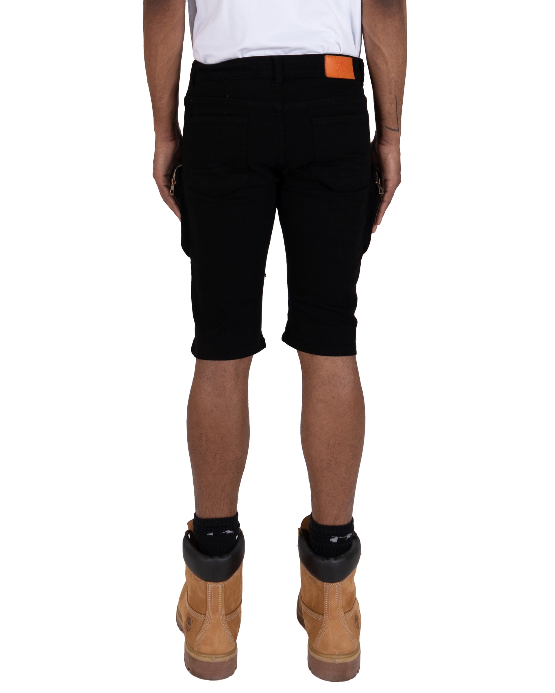 STATE | Men's Slim Fit Frayed Cutoff Destroyed Ripped Distressed Knee Length Denim Jean Shorts with Cargo Pockets in Vintage Black
