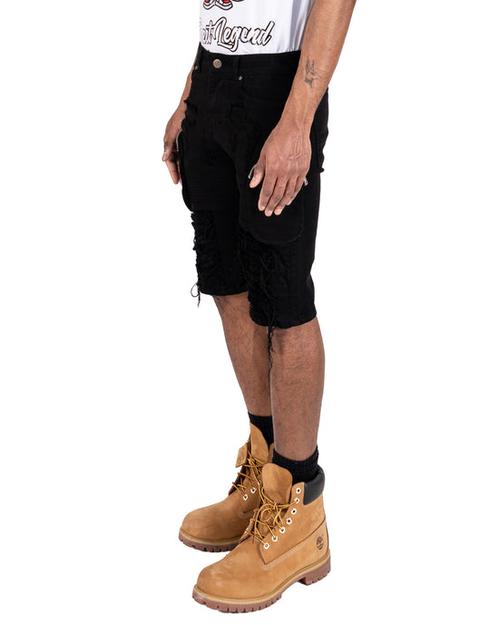 STATE | Men's Slim Fit Frayed Cutoff Destroyed Ripped Distressed Knee Length Denim Jean Shorts with Cargo Pockets in Vintage Black