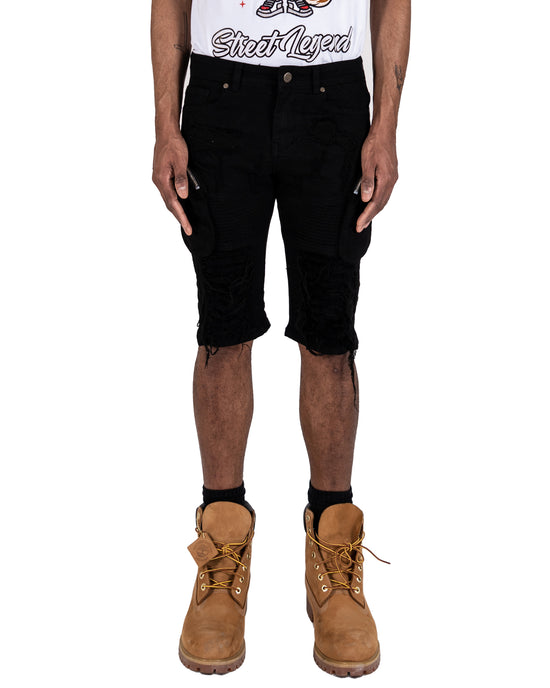 STATE | Men's Slim Fit Frayed Cutoff Destroyed Ripped Distressed Knee Length Denim Jean Shorts with Cargo Pockets in Vintage Black