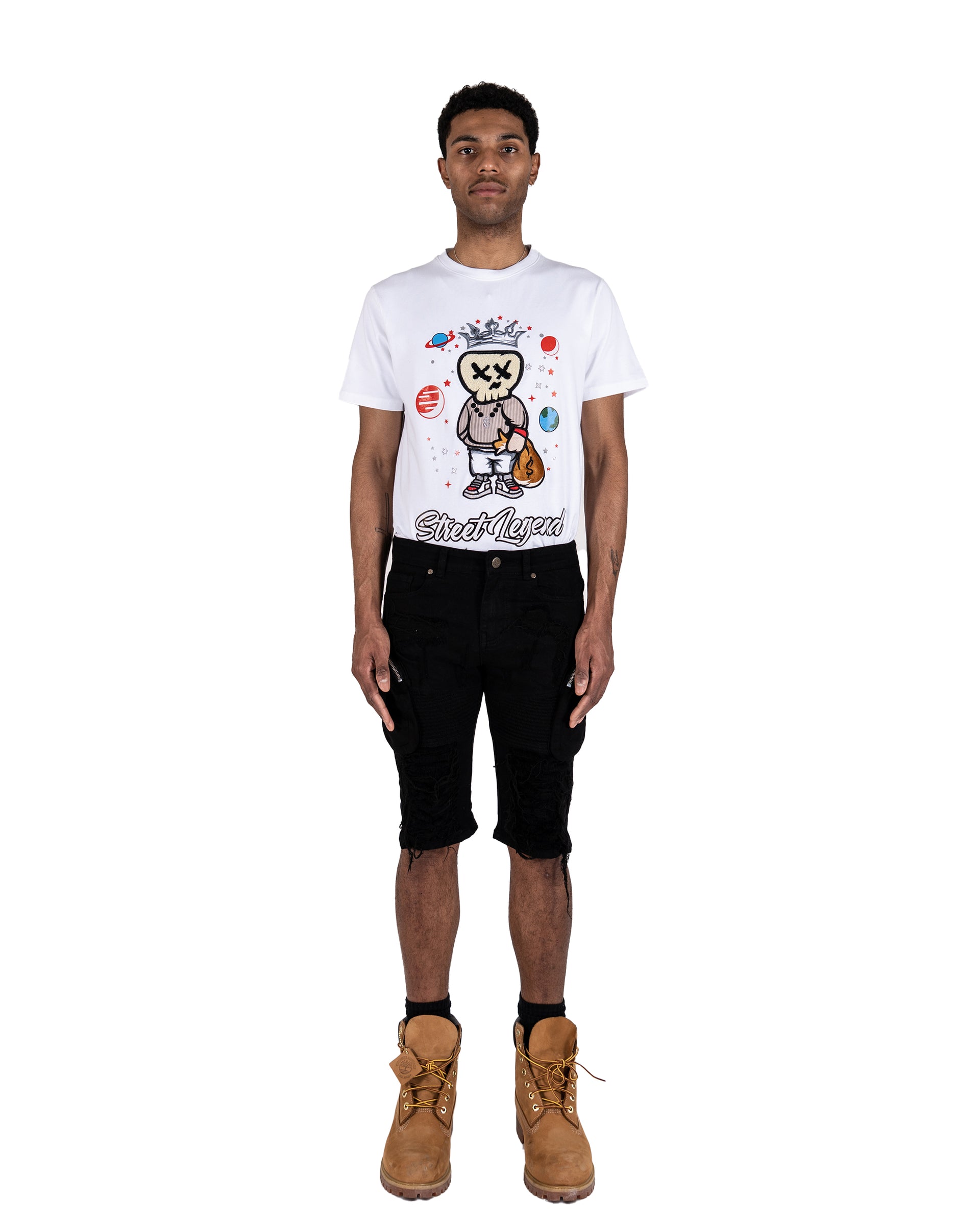 STATE | Men's Slim Fit Frayed Cutoff Destroyed Ripped Distressed Knee Length Denim Jean Shorts with Cargo Pockets in Vintage Black