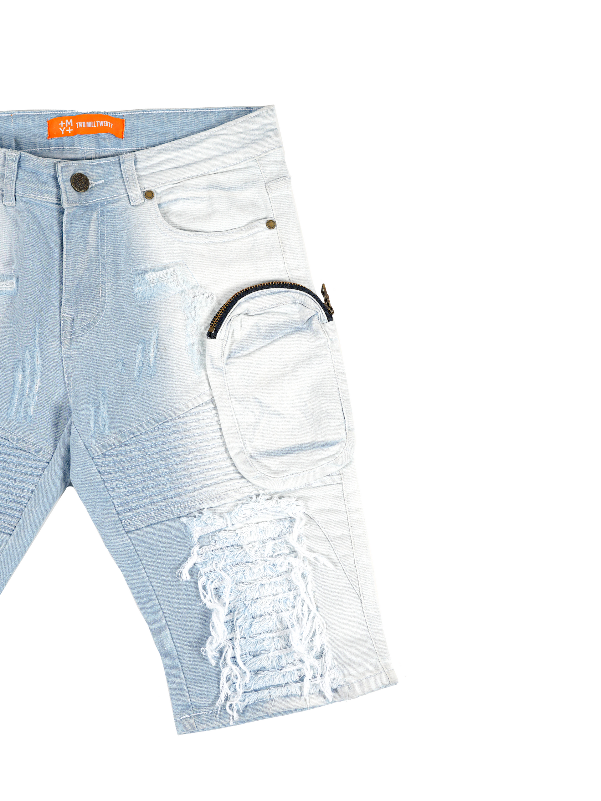 LAKE | Men's Slim Fit Frayed Cutoff Destroyed Ripped Distressed Knee Length Denim Jean Shorts with Cargo Pockets in Light Blue Wash