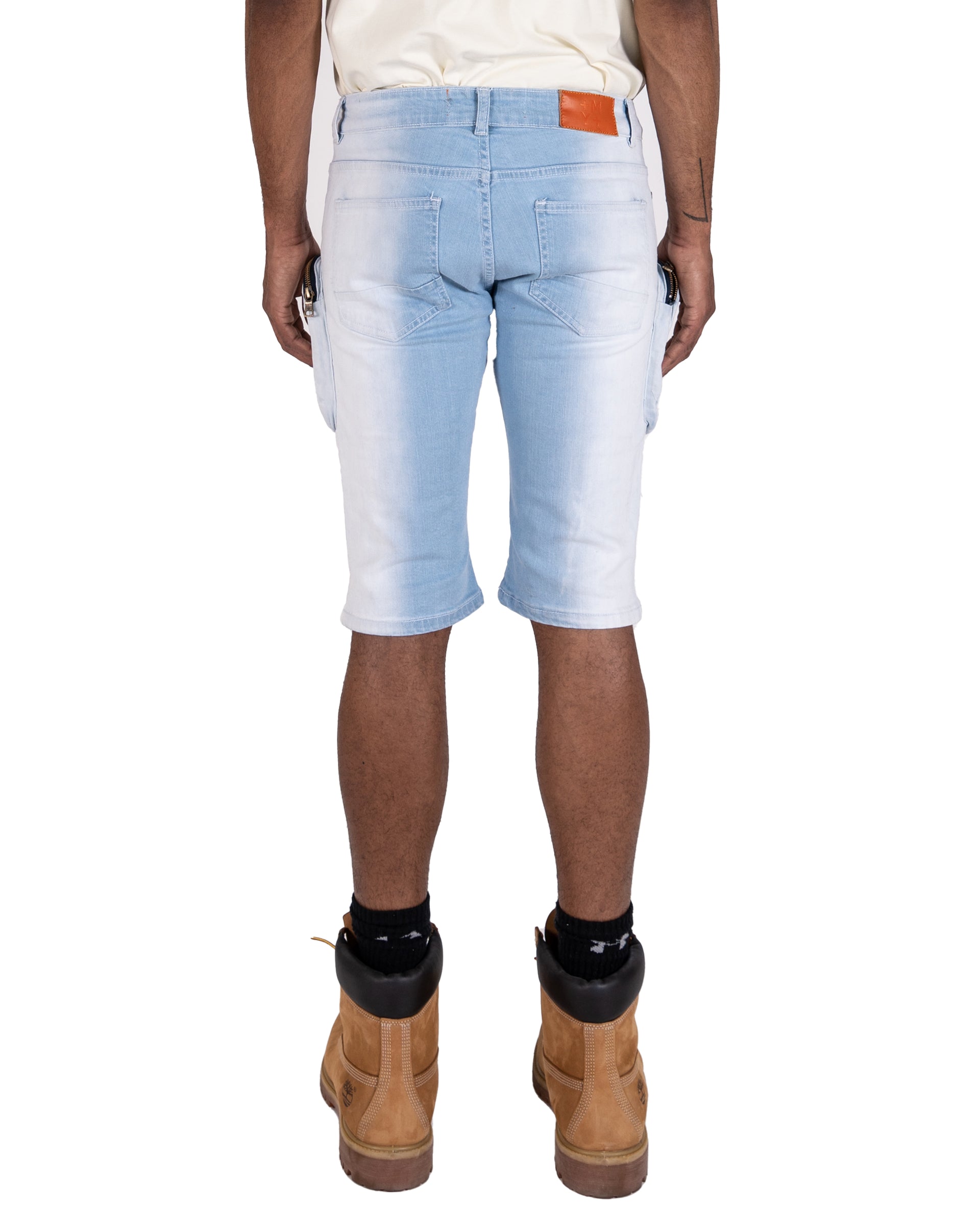 LAKE | Men's Slim Fit Frayed Cutoff Destroyed Ripped Distressed Knee Length Denim Jean Shorts with Cargo Pockets in Light Blue Wash
