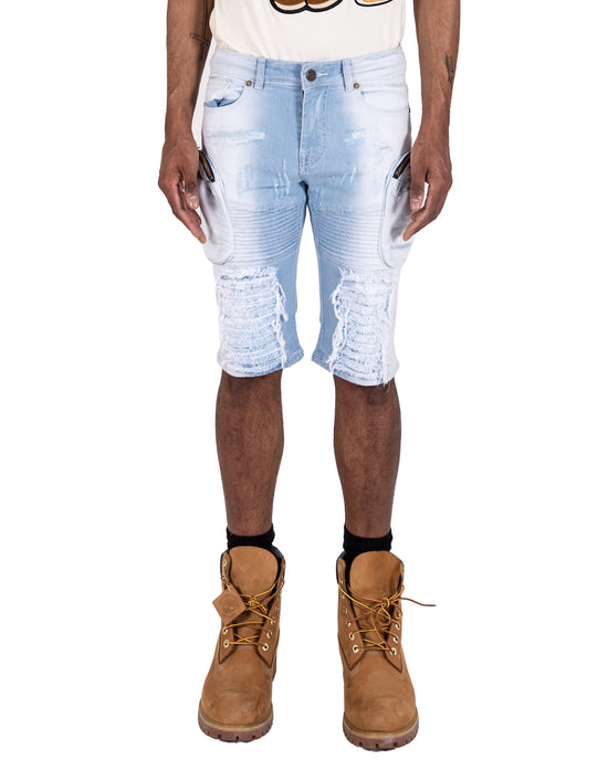 LAKE | Men's Slim Fit Frayed Cutoff Destroyed Ripped Distressed Knee Length Denim Jean Shorts with Cargo Pockets in Light Blue Wash