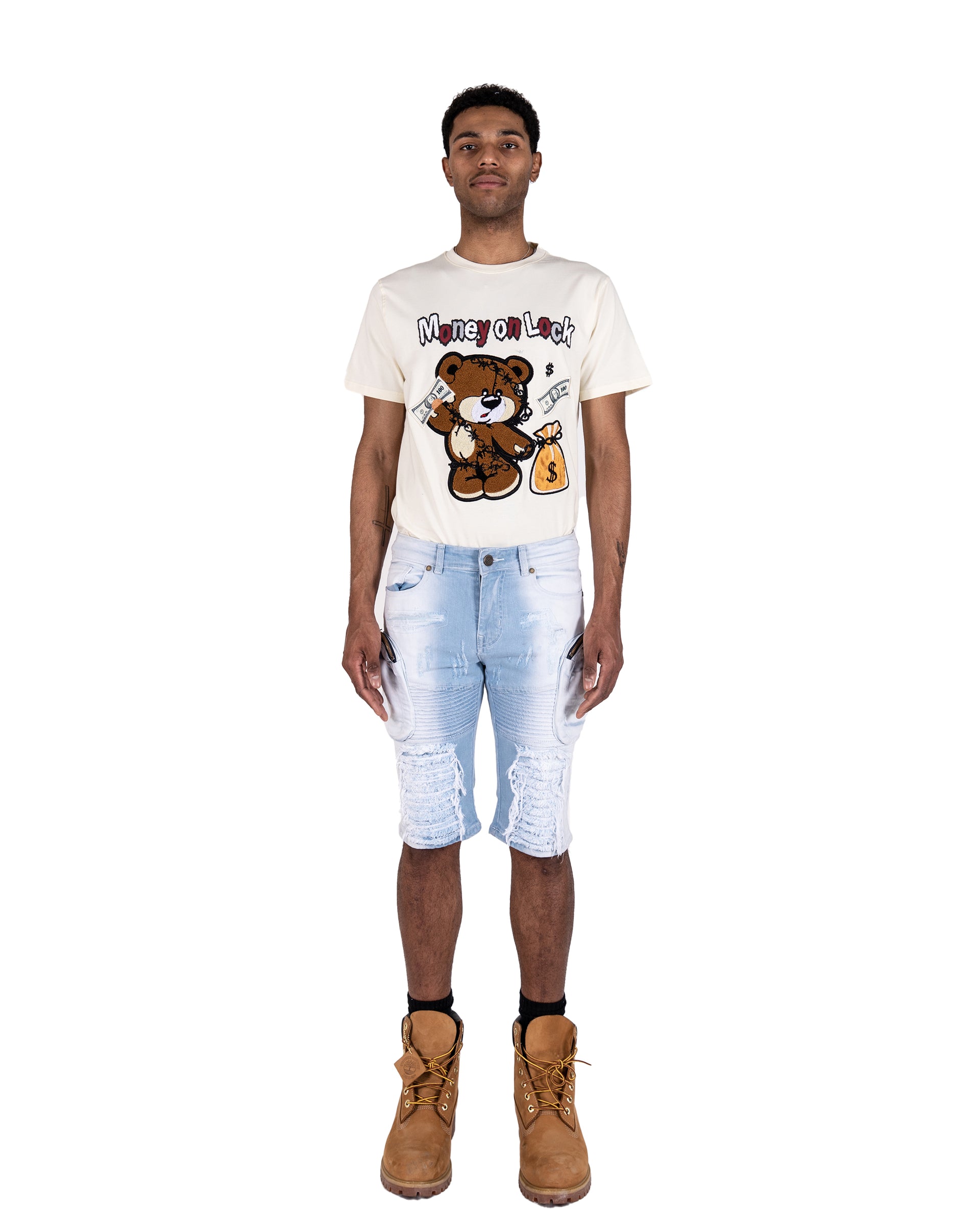 LAKE | Men's Slim Fit Frayed Cutoff Destroyed Ripped Distressed Knee Length Denim Jean Shorts with Cargo Pockets in Light Blue Wash