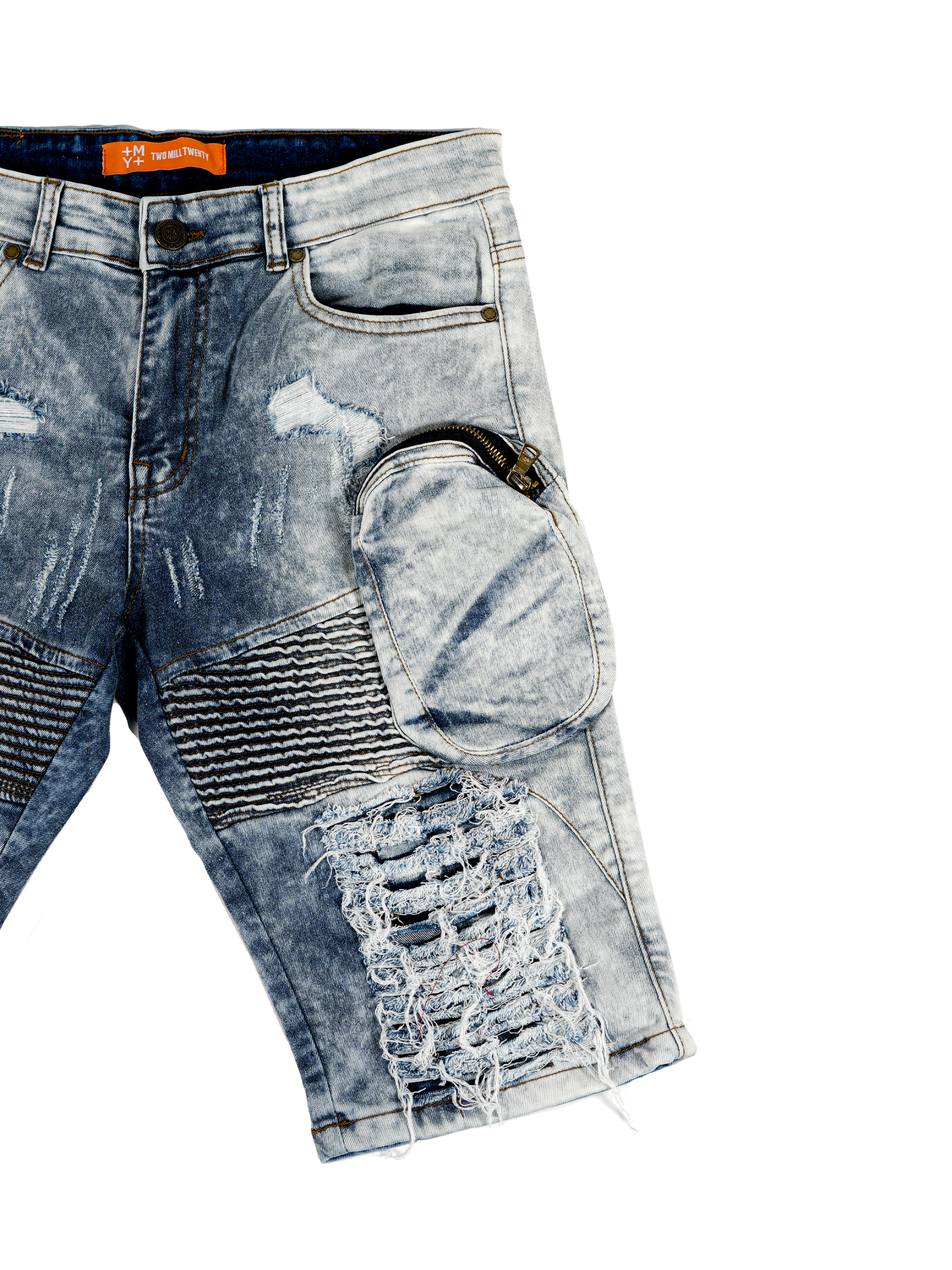 MONROE | Men's Slim Fit Frayed Cutoff Destroyed Ripped Distressed Knee Length Denim Jean Shorts with Cargo Pockets in Blue Acid Wash