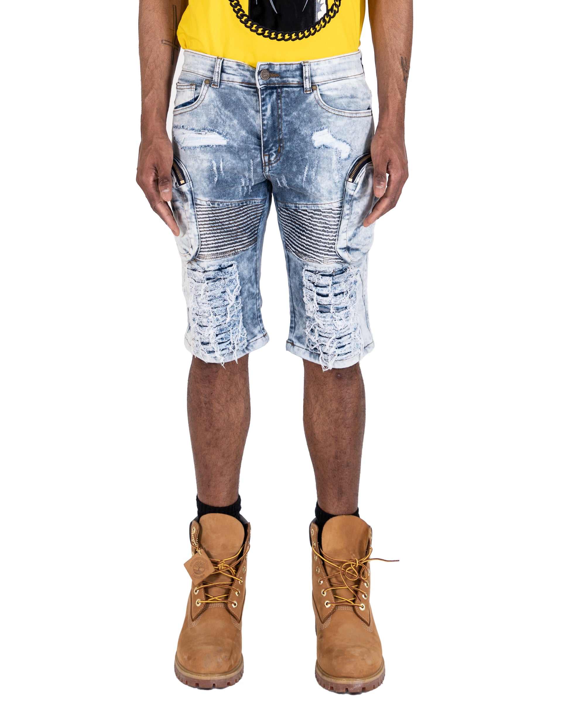 MONROE | Men's Slim Fit Frayed Cutoff Destroyed Ripped Distressed Knee Length Denim Jean Shorts with Cargo Pockets in Blue Acid Wash