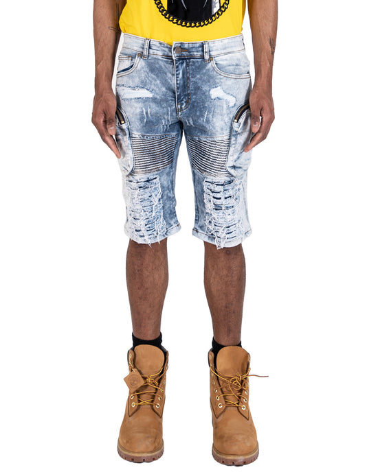 MONROE | Men's Slim Fit Frayed Cutoff Destroyed Ripped Distressed Knee Length Denim Jean Shorts with Cargo Pockets in Blue Acid Wash