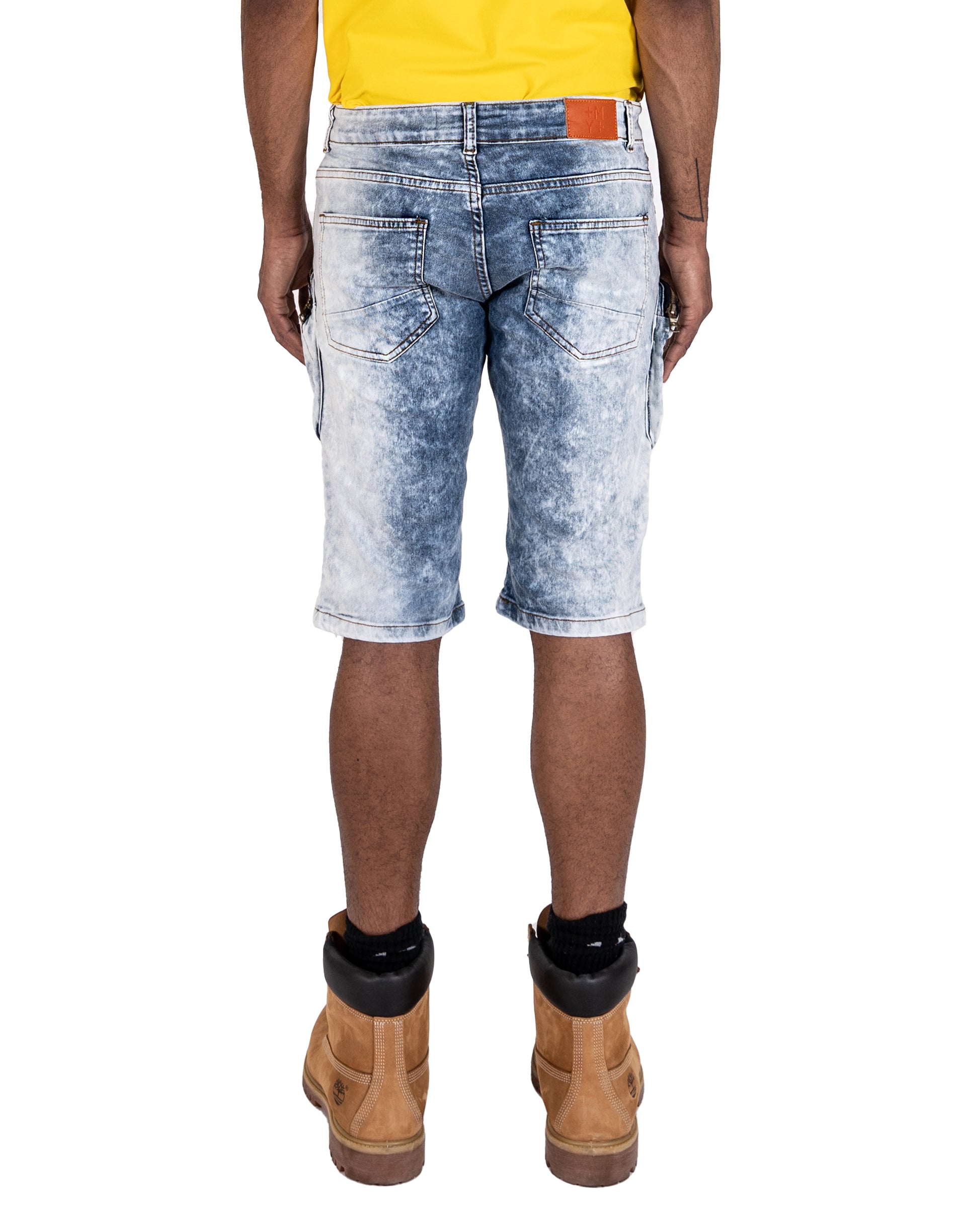 MONROE | Men's Slim Fit Frayed Cutoff Destroyed Ripped Distressed Knee Length Denim Jean Shorts with Cargo Pockets in Blue Acid Wash