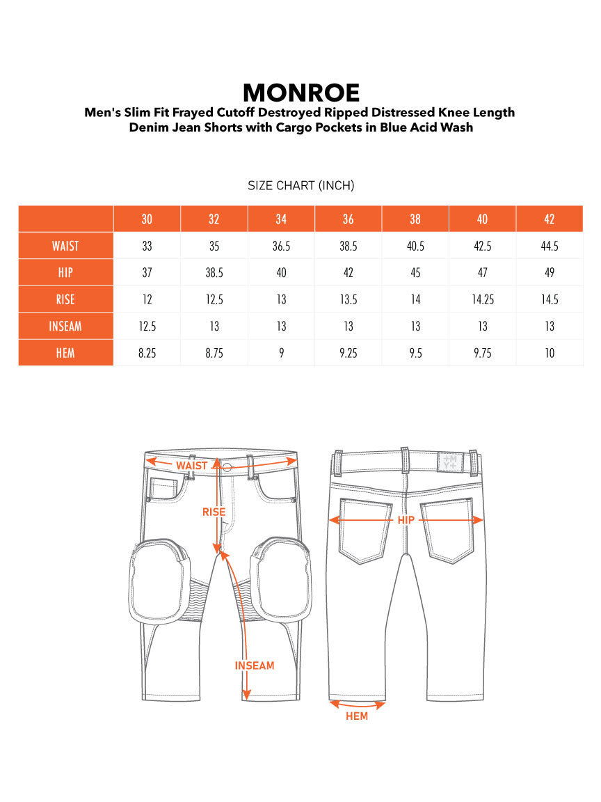 MONROE | Men's Slim Fit Frayed Cutoff Destroyed Ripped Distressed Knee Length Denim Jean Shorts with Cargo Pockets in Blue Acid Wash