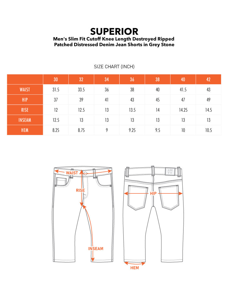SUPERIOR | Men's Slim Fit Cutoff Knee Length Destroyed Ripped Patched Distressed Denim Jean Shorts in Grey Stone
