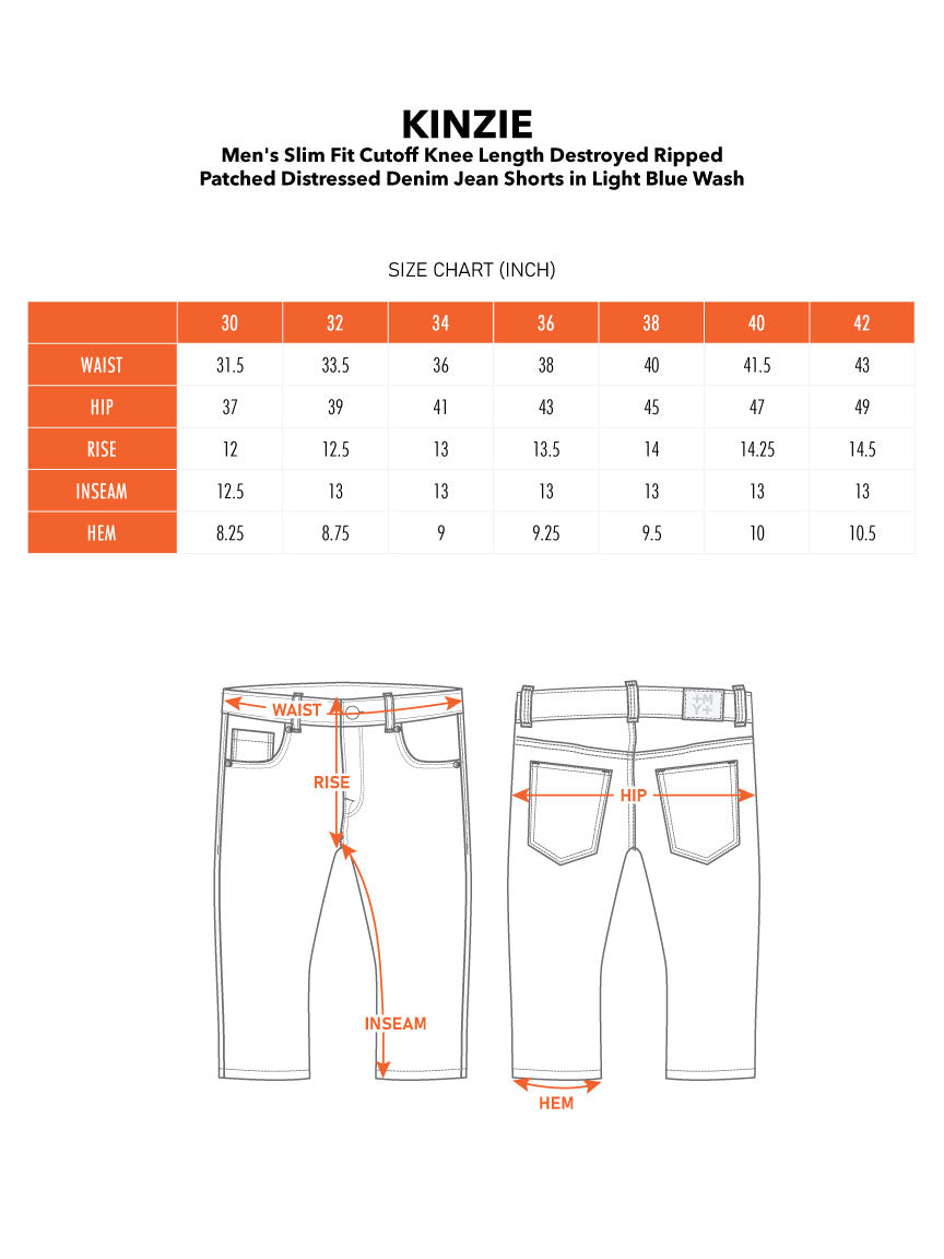 KINZIE | Men's Slim Fit Cutoff Knee Length Destroyed Ripped Patched Distressed Denim Jean Shorts in Light Blue Wash