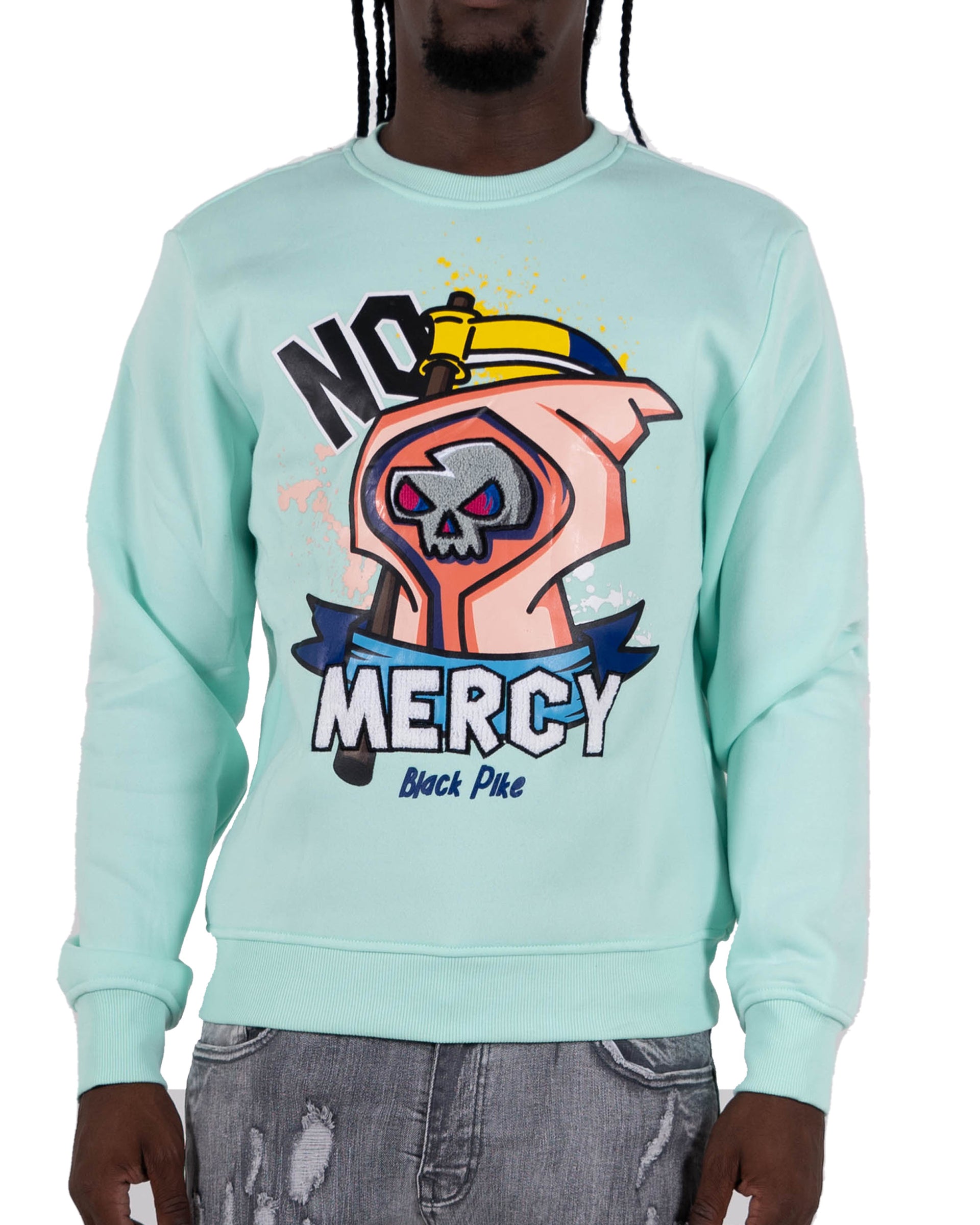 Men's "No Mercy" Graphic Embroidered Sweatshirt | Mint Green