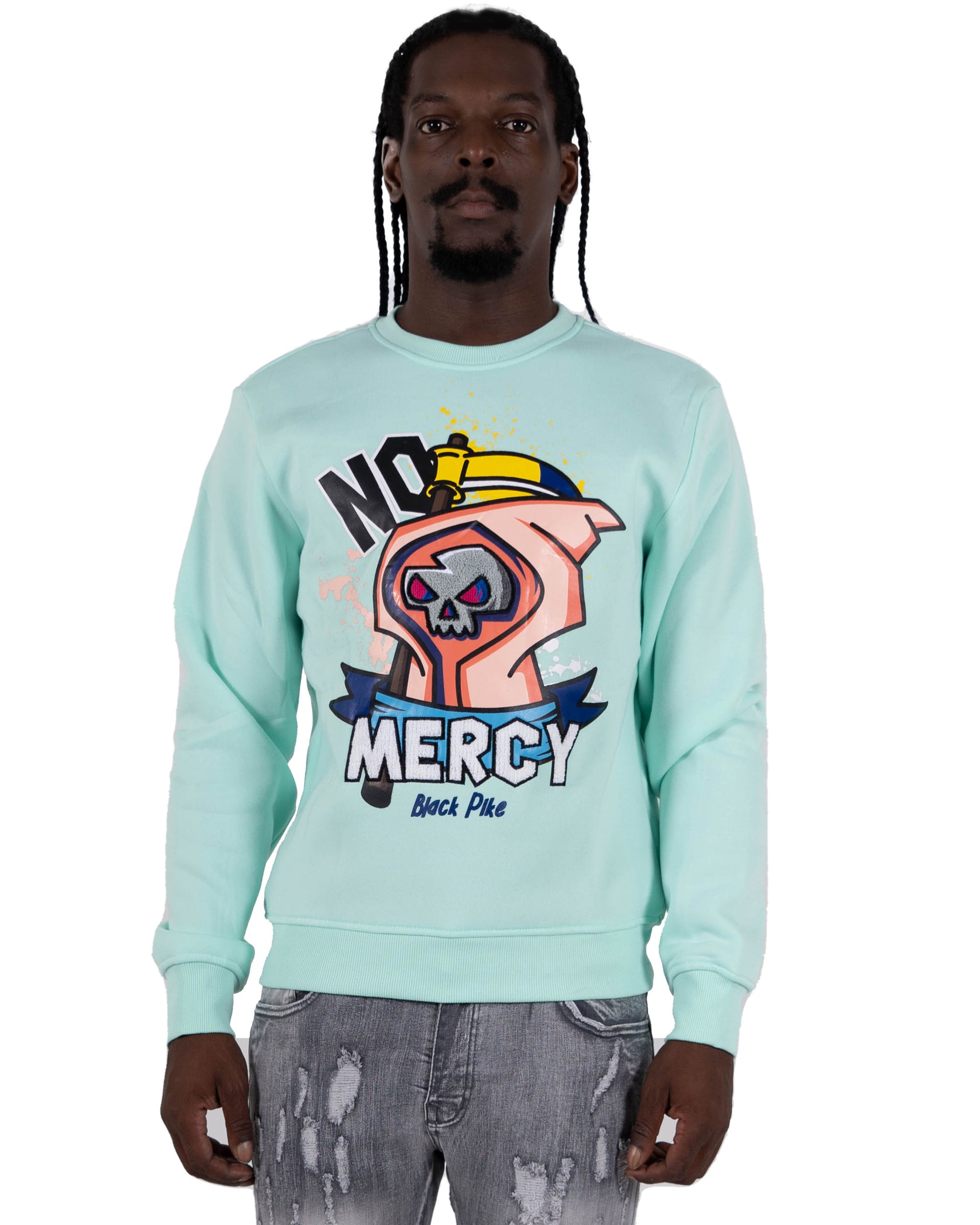 Men's "No Mercy" Graphic Embroidered Sweatshirt | Mint Green