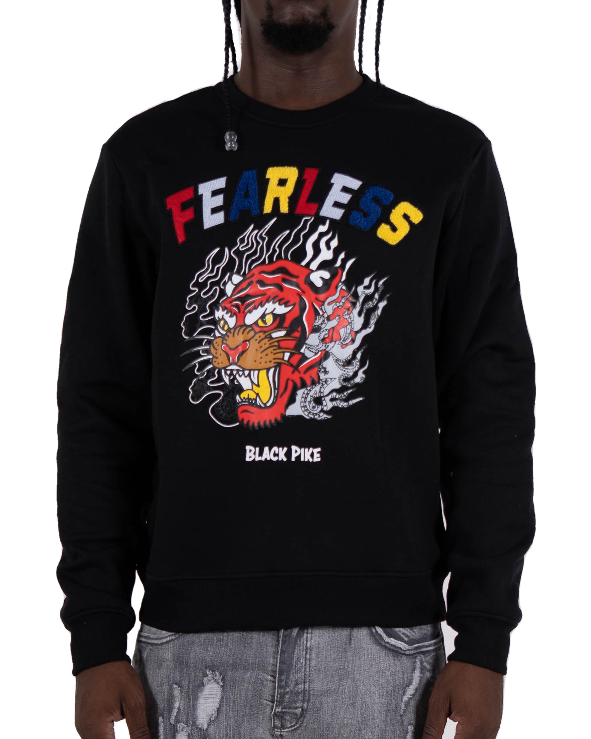 Men's "Fearless" Tiger Graphic Multi Texture Sweatshirt | Black