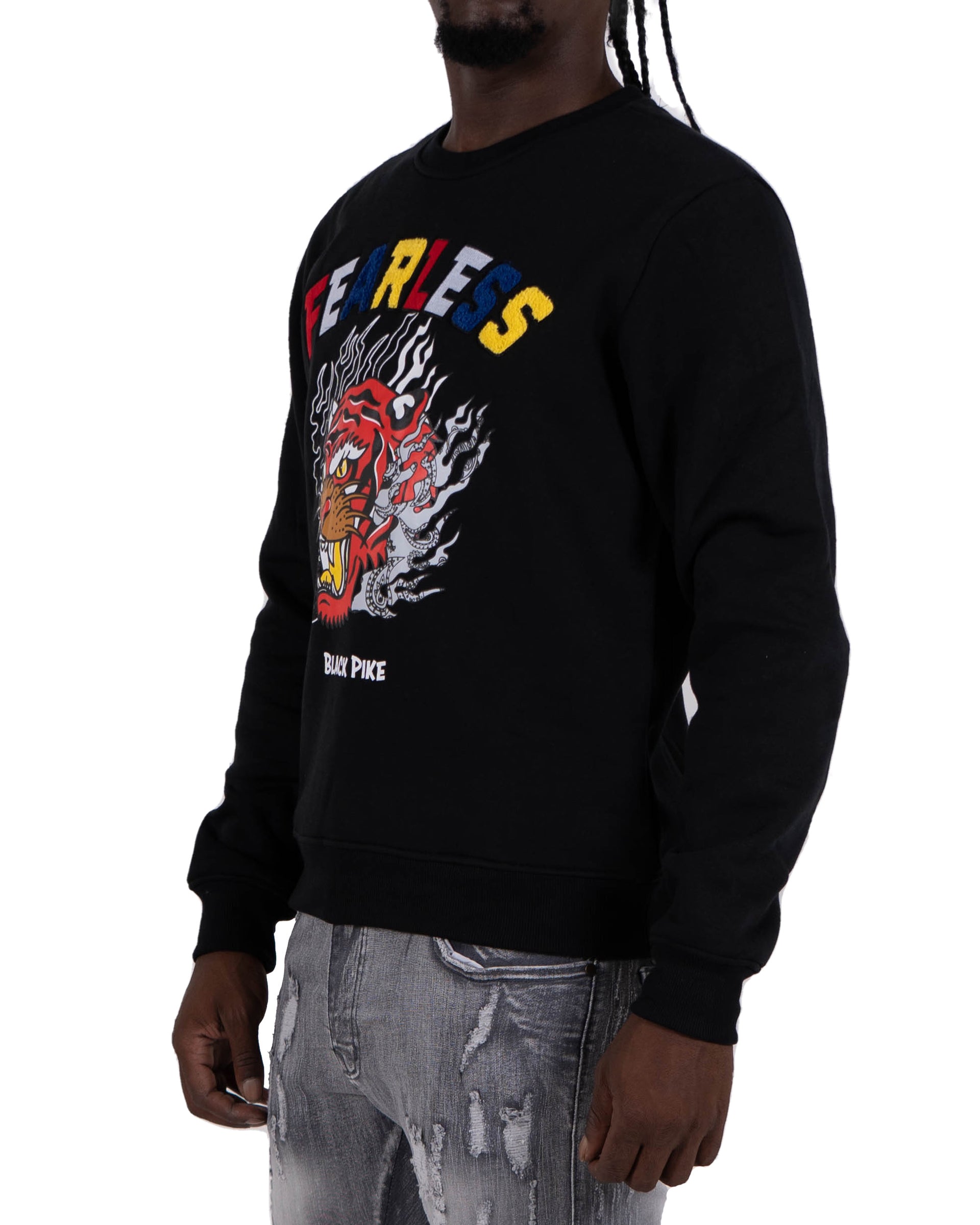 Men's "Fearless" Tiger Graphic Multi Texture Sweatshirt | Black