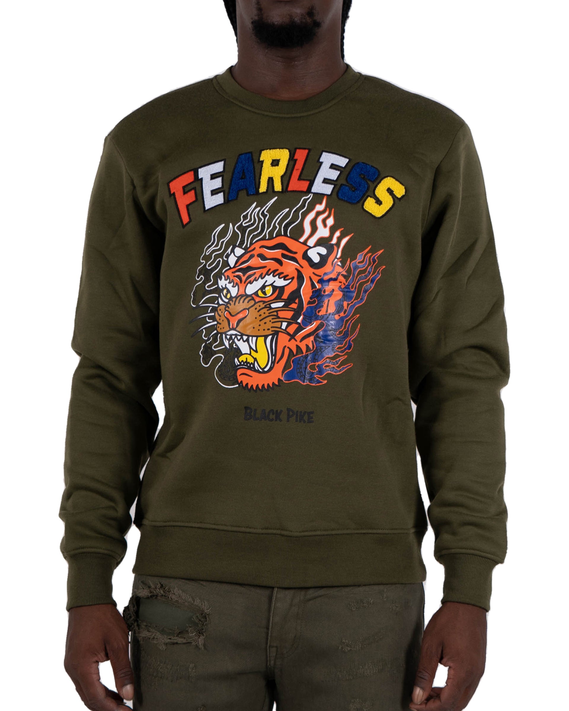 Men's "Fearless" Tiger Graphic Multi Texture Sweatshirt | Olive