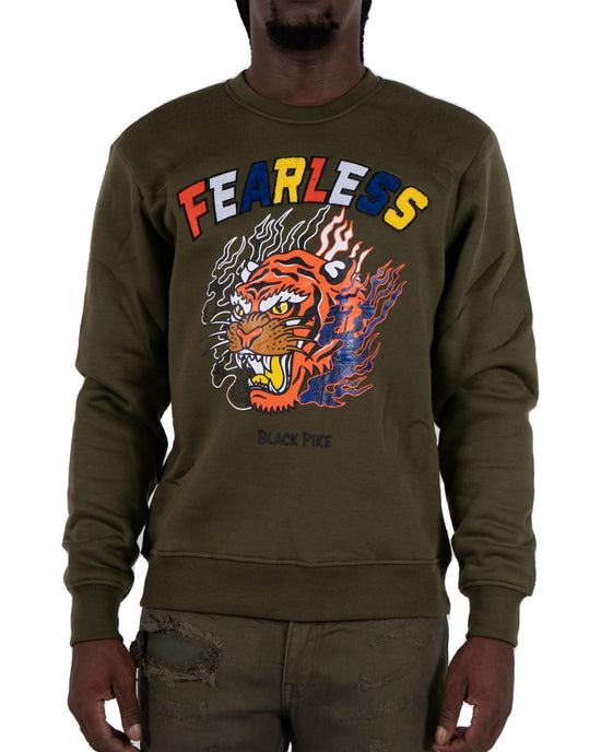 Men's "Fearless" Tiger Graphic Multi Texture Sweatshirt | Olive
