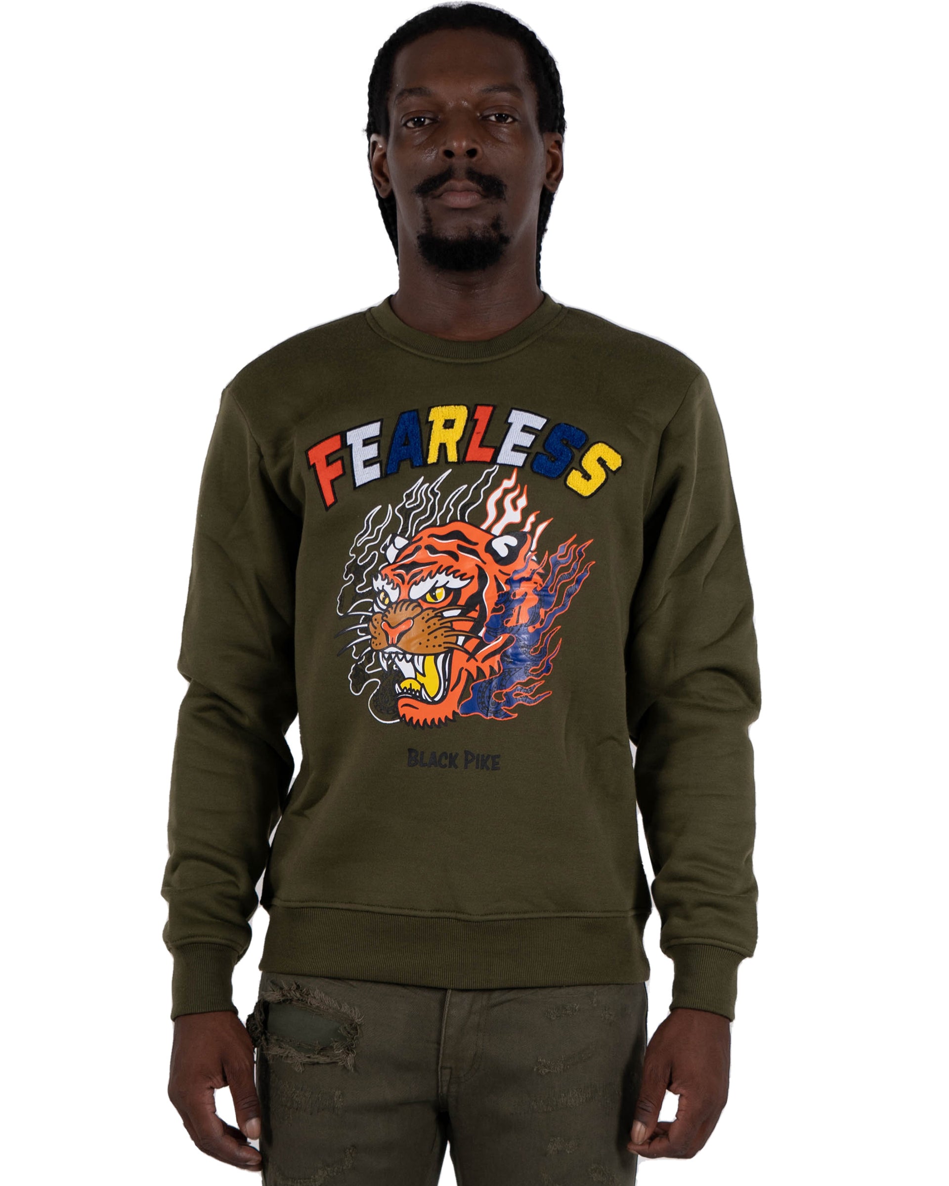 Men's "Fearless" Tiger Graphic Multi Texture Sweatshirt | Olive