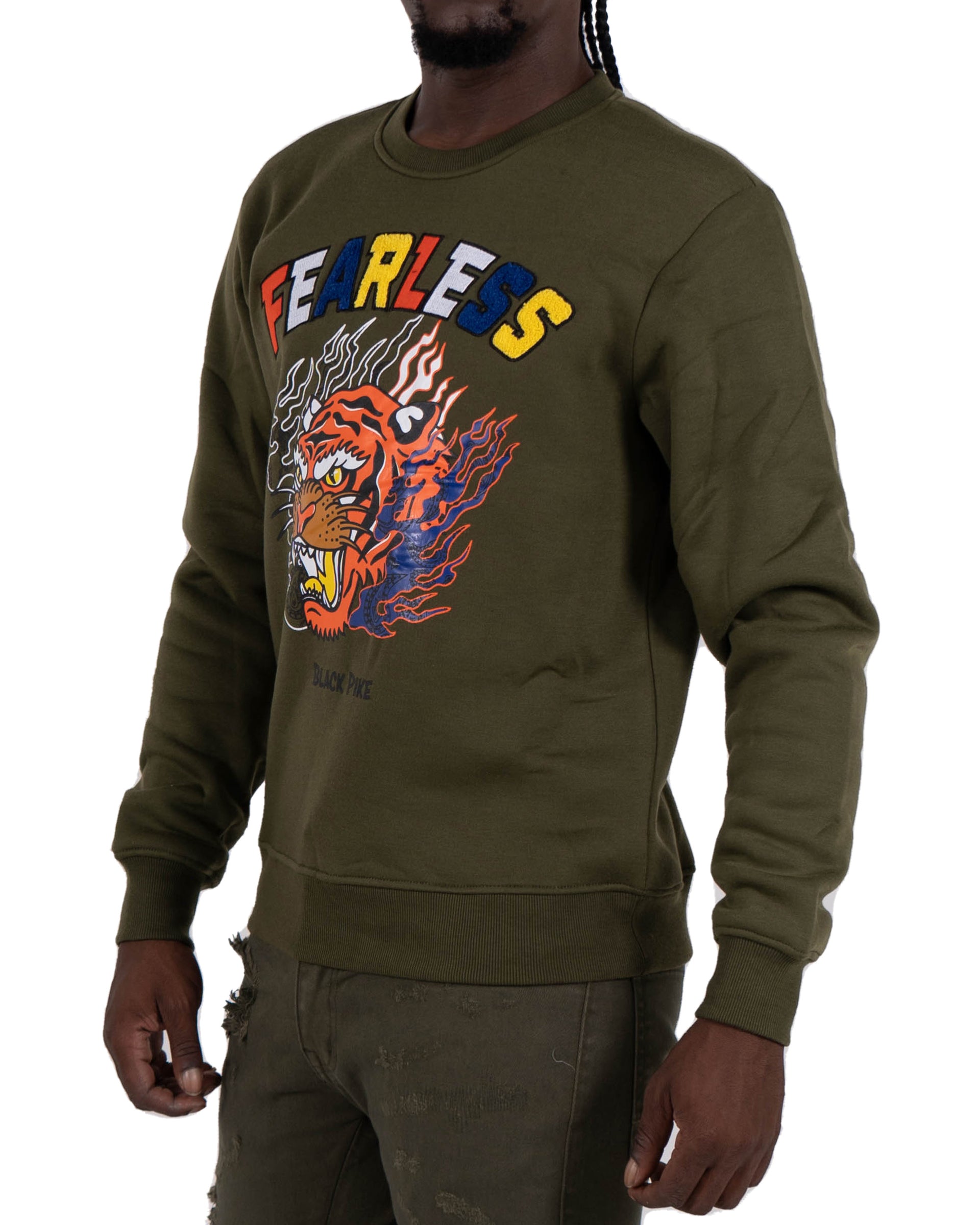 Men's "Fearless" Tiger Graphic Multi Texture Sweatshirt | Olive