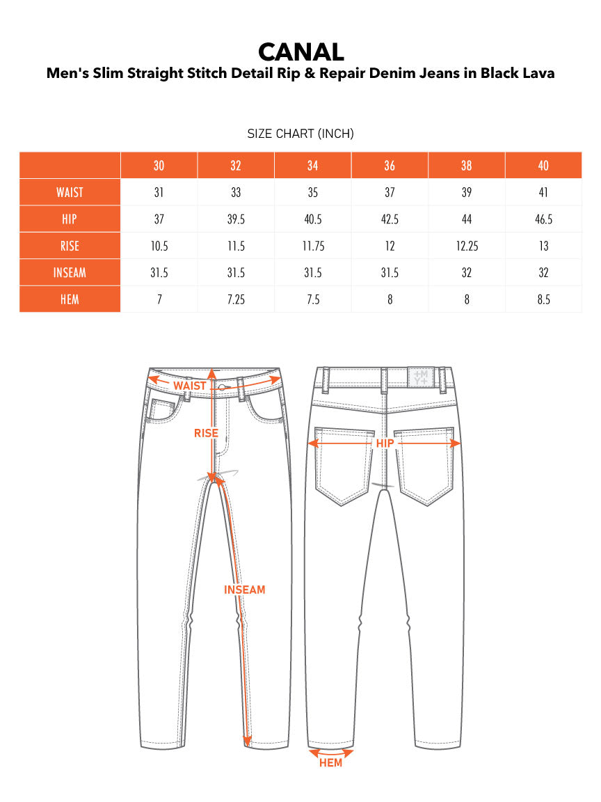 CANAL | Men's Slim Straight Stitch Detail Rip & Repair Denim Jeans in Black Lava