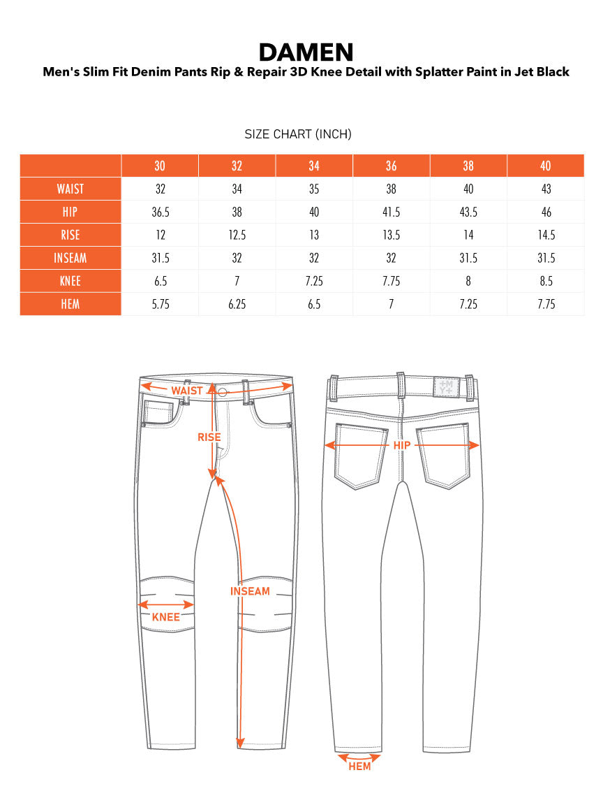 DAMEN | Men's Slim Fit Denim Pants Rip & Repair 3D Knee Detail with Splatter Paint in Jet Black