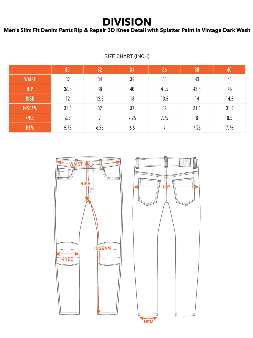DIVISION | Men's Slim Fit Denim Pants Rip & Repair 3D Knee Detail with Splatter Paint in Vintage Dark Wash