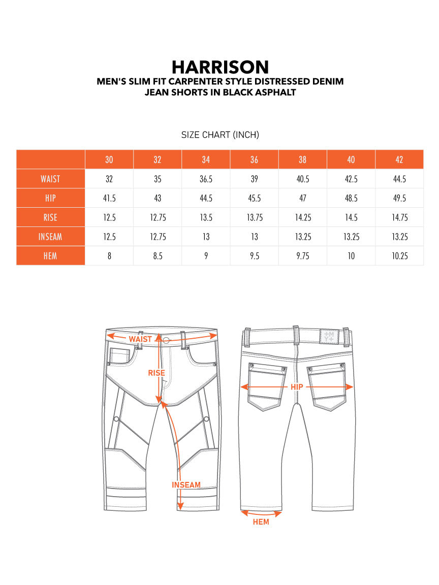 HARRISON | Men's Classic Fit Carpenter Style Distressed Denim Jean Shorts in Blue Ink Stain
