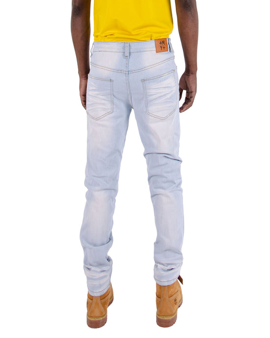 MORGAN | Men's Slim Straight Fit Rip & Repair Denim Jeans in Bleach Wash Light Blue