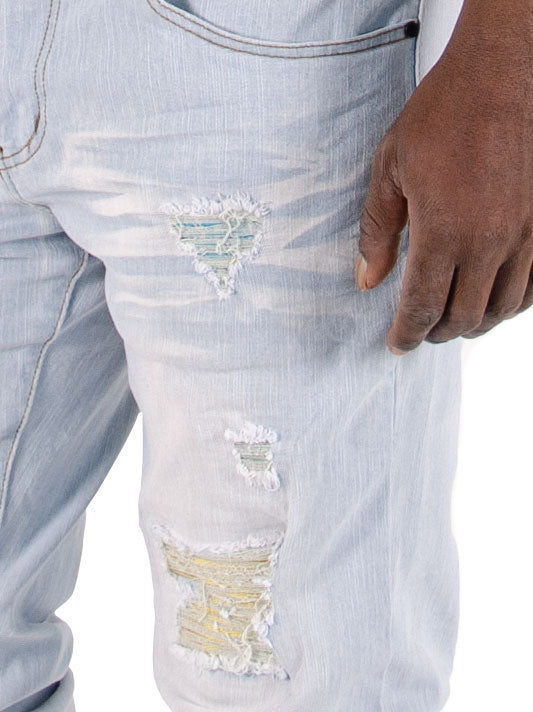 MORGAN | Men's Slim Straight Fit Rip & Repair Denim Jeans in Bleach Wash Light Blue