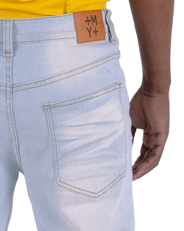 MORGAN | Men's Slim Straight Fit Rip & Repair Denim Jeans in Bleach Wash Light Blue
