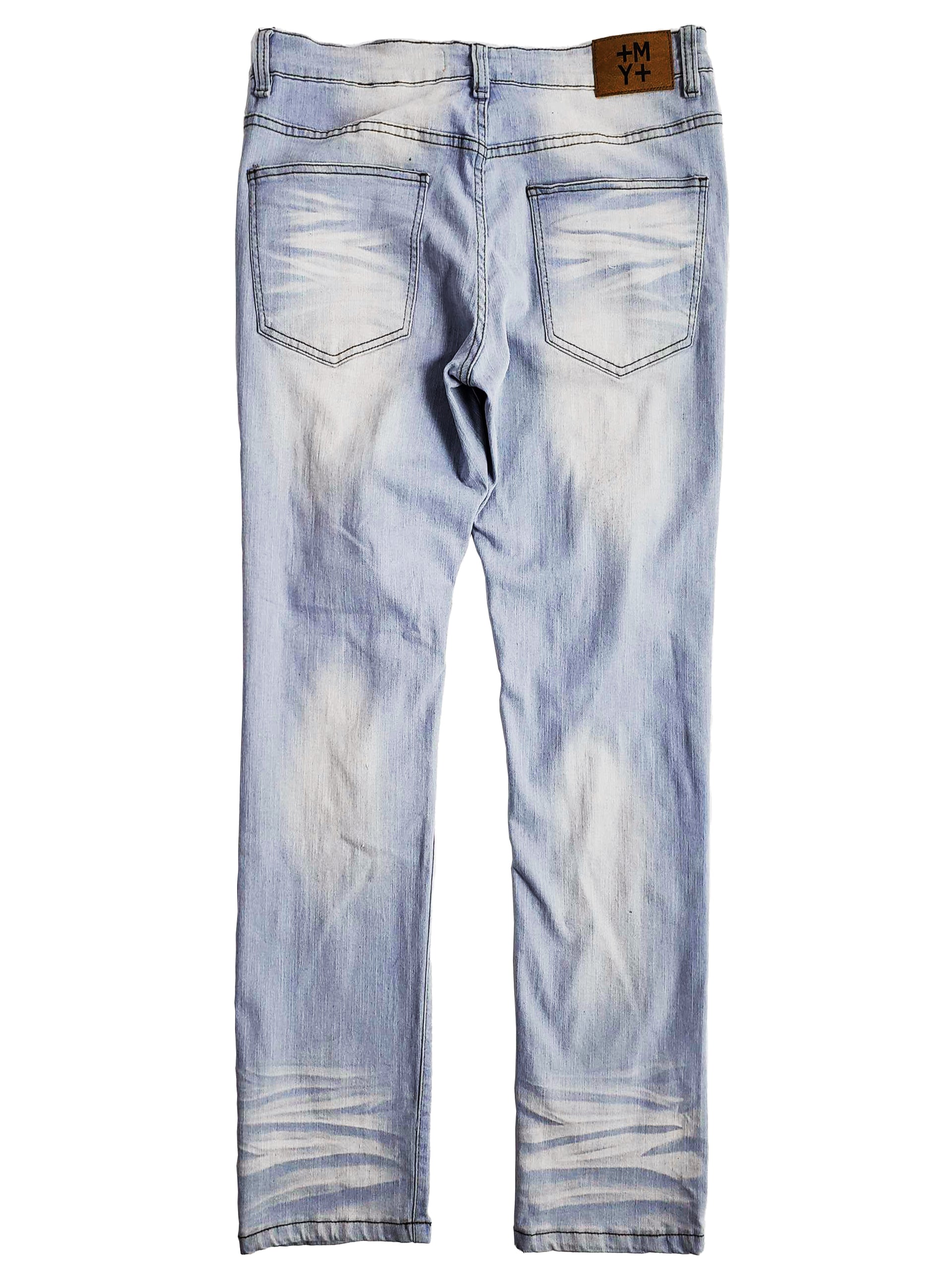 MORGAN | Men's Slim Straight Fit Rip & Repair Denim Jeans in Bleach Wash Light Blue