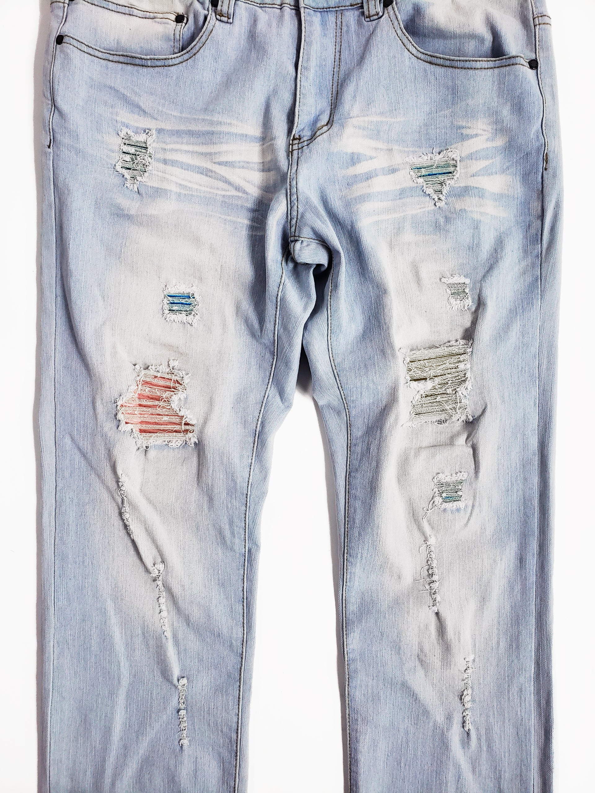 MORGAN | Men's Slim Straight Fit Rip & Repair Denim Jeans in Bleach Wash Light Blue