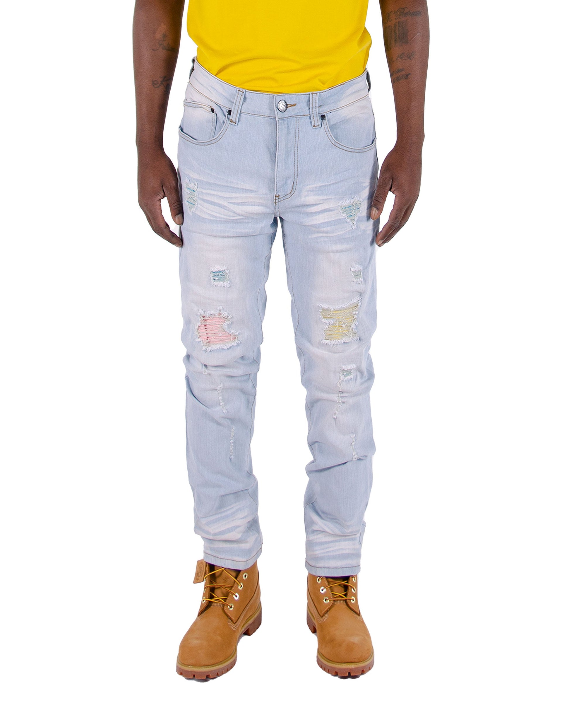 MORGAN | Men's Slim Straight Fit Rip & Repair Denim Jeans in Bleach Wash Light Blue