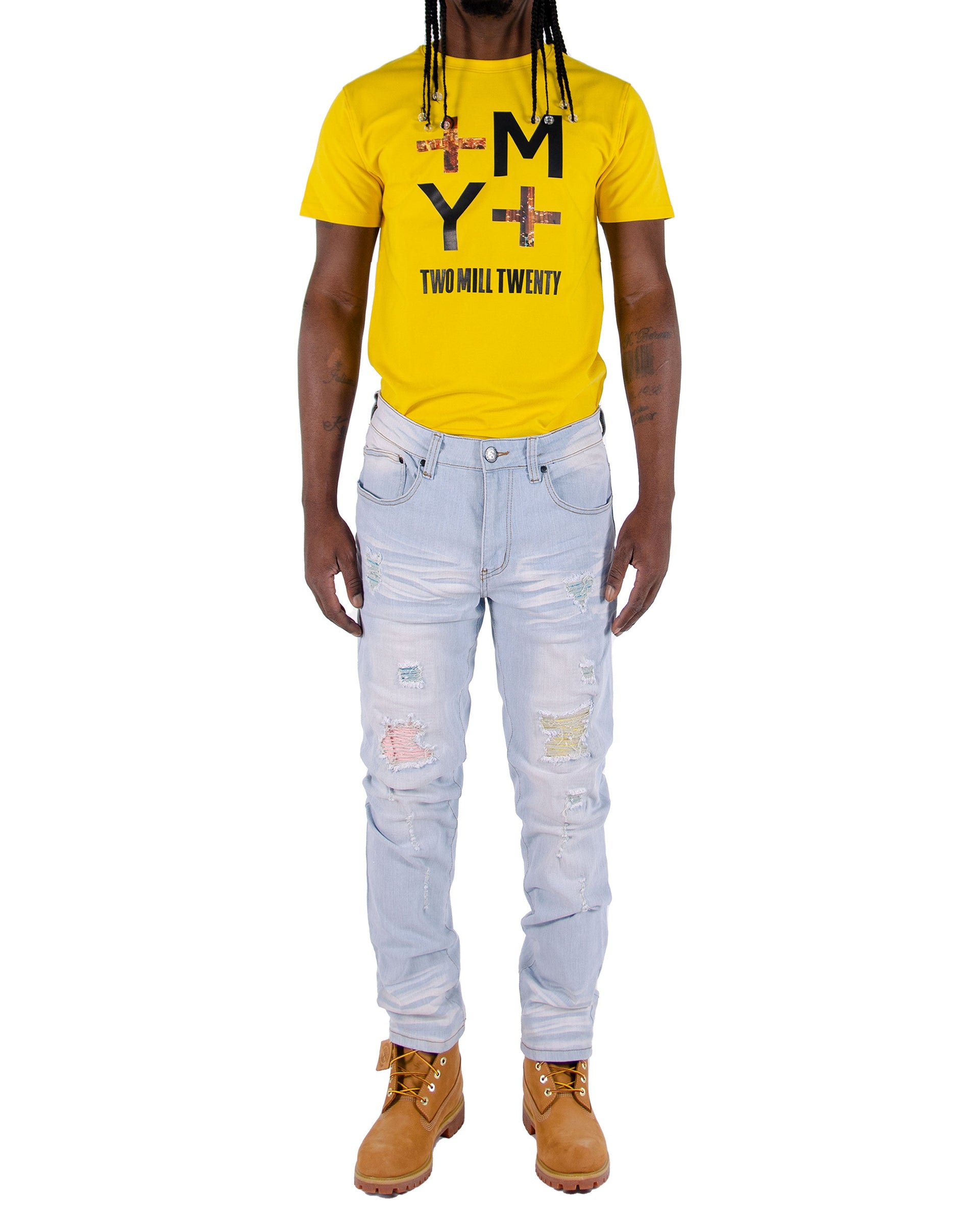 MORGAN | Men's Slim Straight Fit Rip & Repair Denim Jeans in Bleach Wash Light Blue
