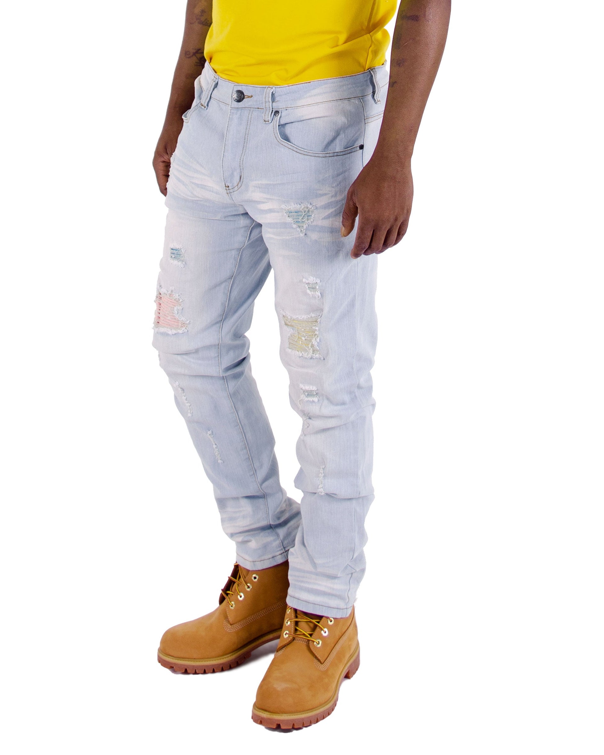 MORGAN | Men's Slim Straight Fit Rip & Repair Denim Jeans in Bleach Wash Light Blue