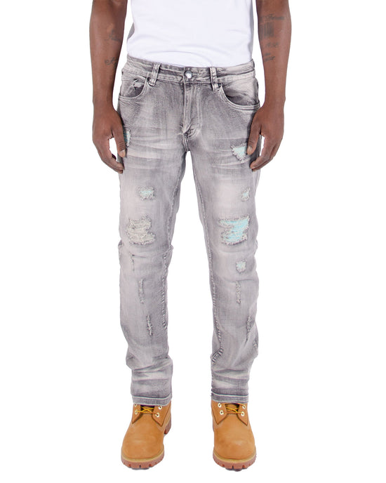 UNION | Men's Slim Straight Distressed Rip & Repair Denim Jeans in Asphalt Grey Acid Wash