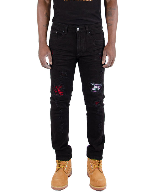 CANAL | Men's Slim Straight Stitch Detail Rip & Repair Denim Jeans in Black Lava