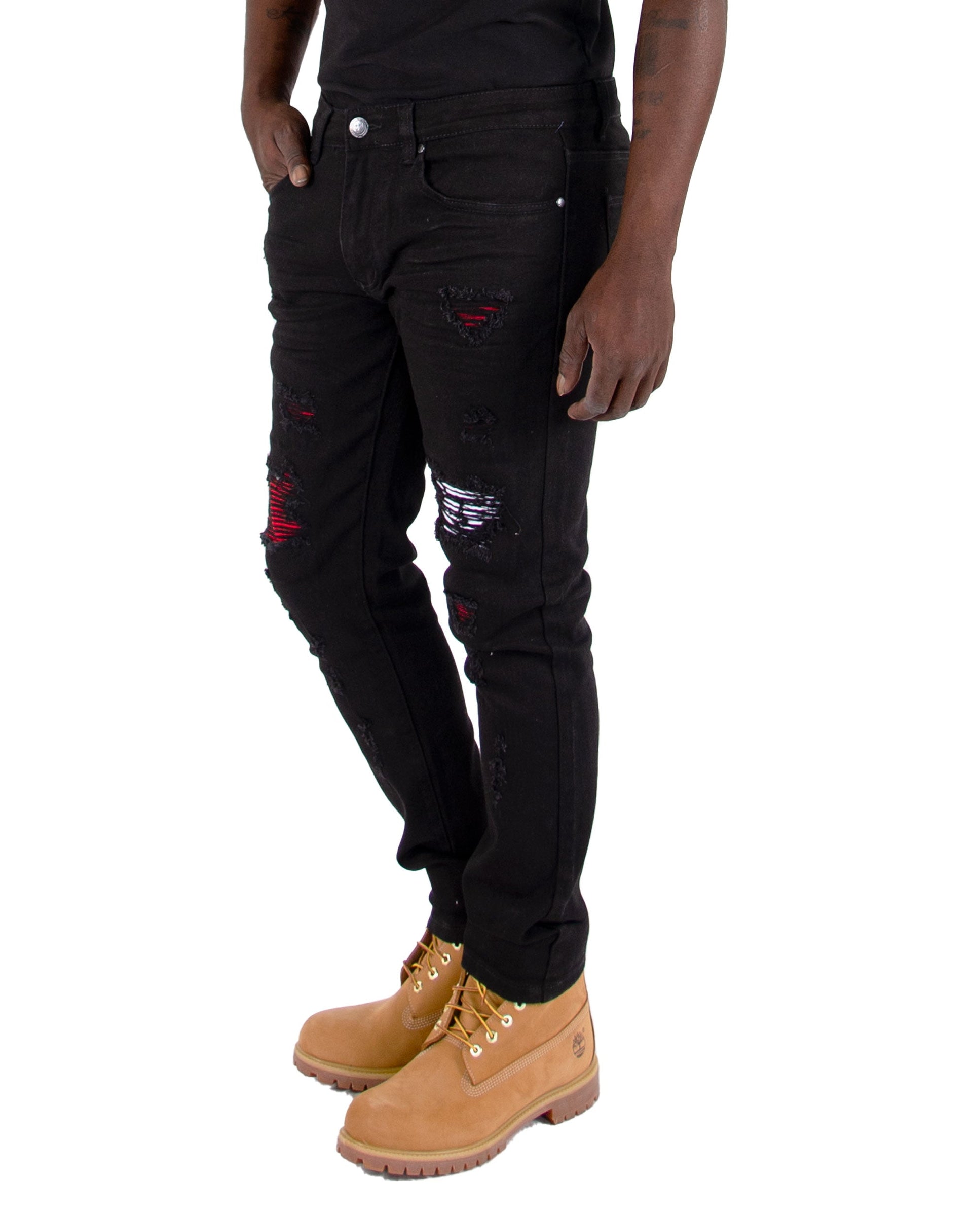 CANAL | Men's Slim Straight Stitch Detail Rip & Repair Denim Jeans in Black Lava