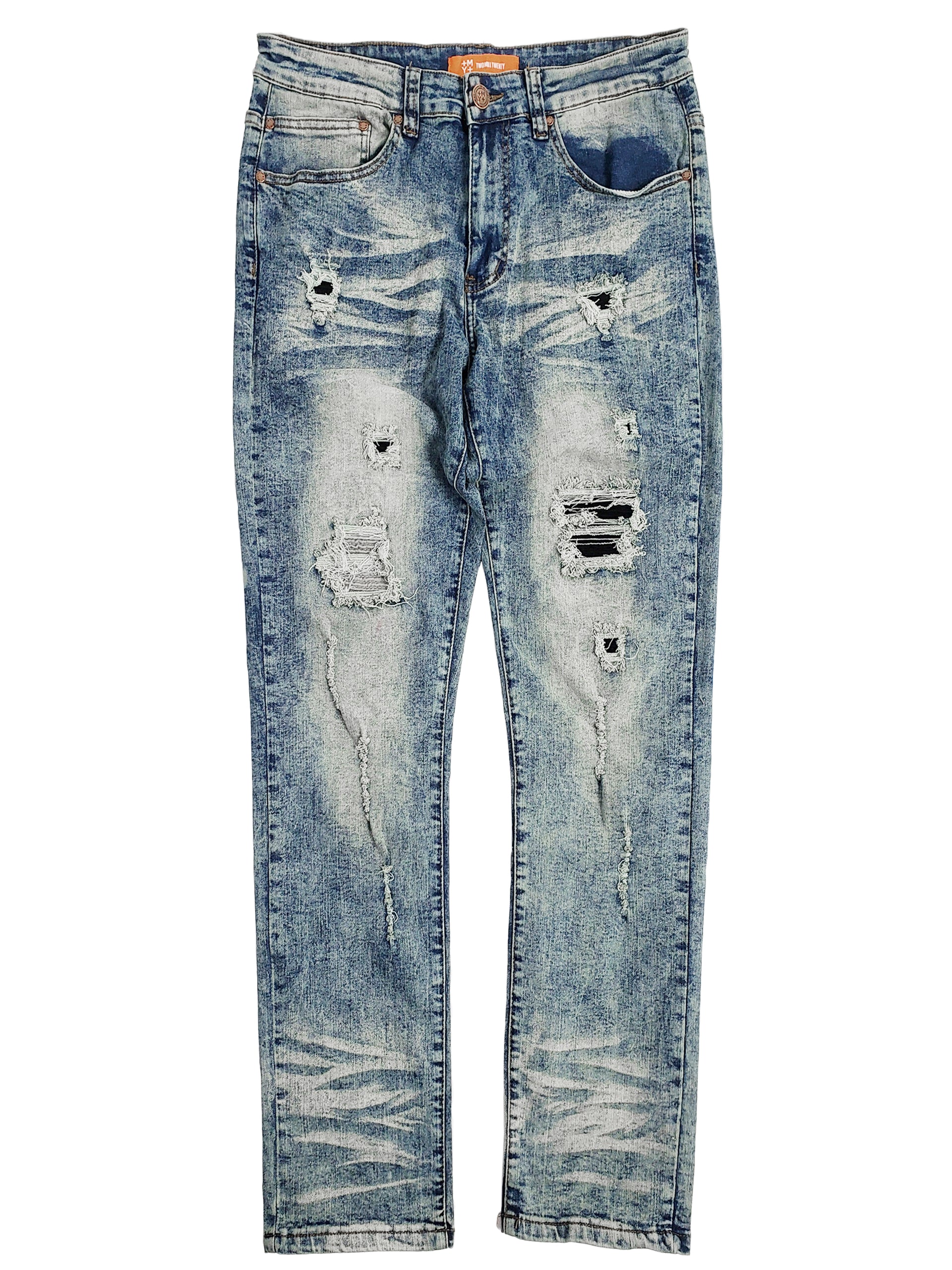 QUINCY | Men's Slim Straight Distressed Rip & Repair Denim Jeans in Vintage Blue Acid Wash