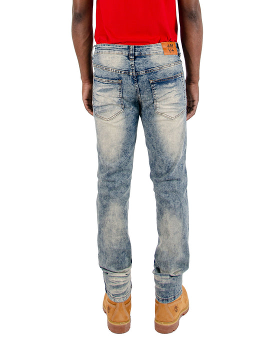 QUINCY | Men's Slim Straight Distressed Rip & Repair Denim Jeans in Vintage Blue Acid Wash