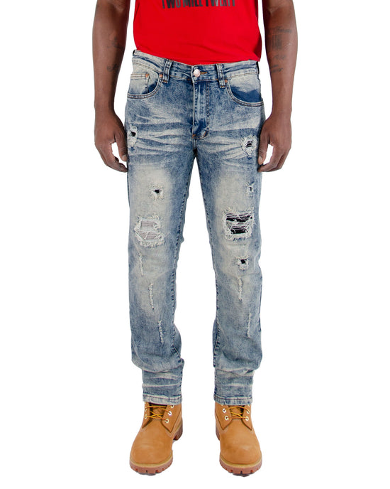 QUINCY | Men's Slim Straight Distressed Rip & Repair Denim Jeans in Vintage Blue Acid Wash