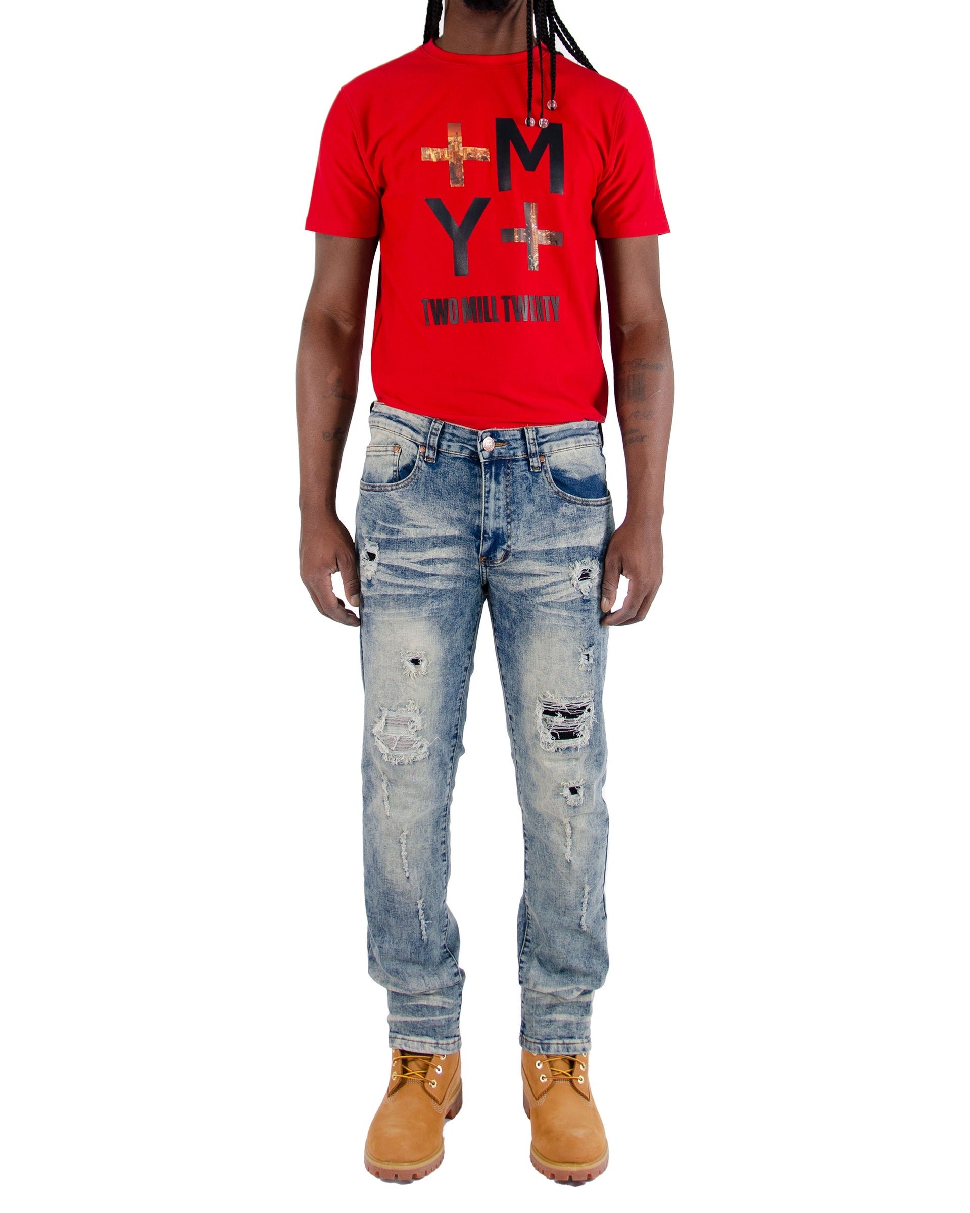 QUINCY | Men's Slim Straight Distressed Rip & Repair Denim Jeans in Vintage Blue Acid Wash