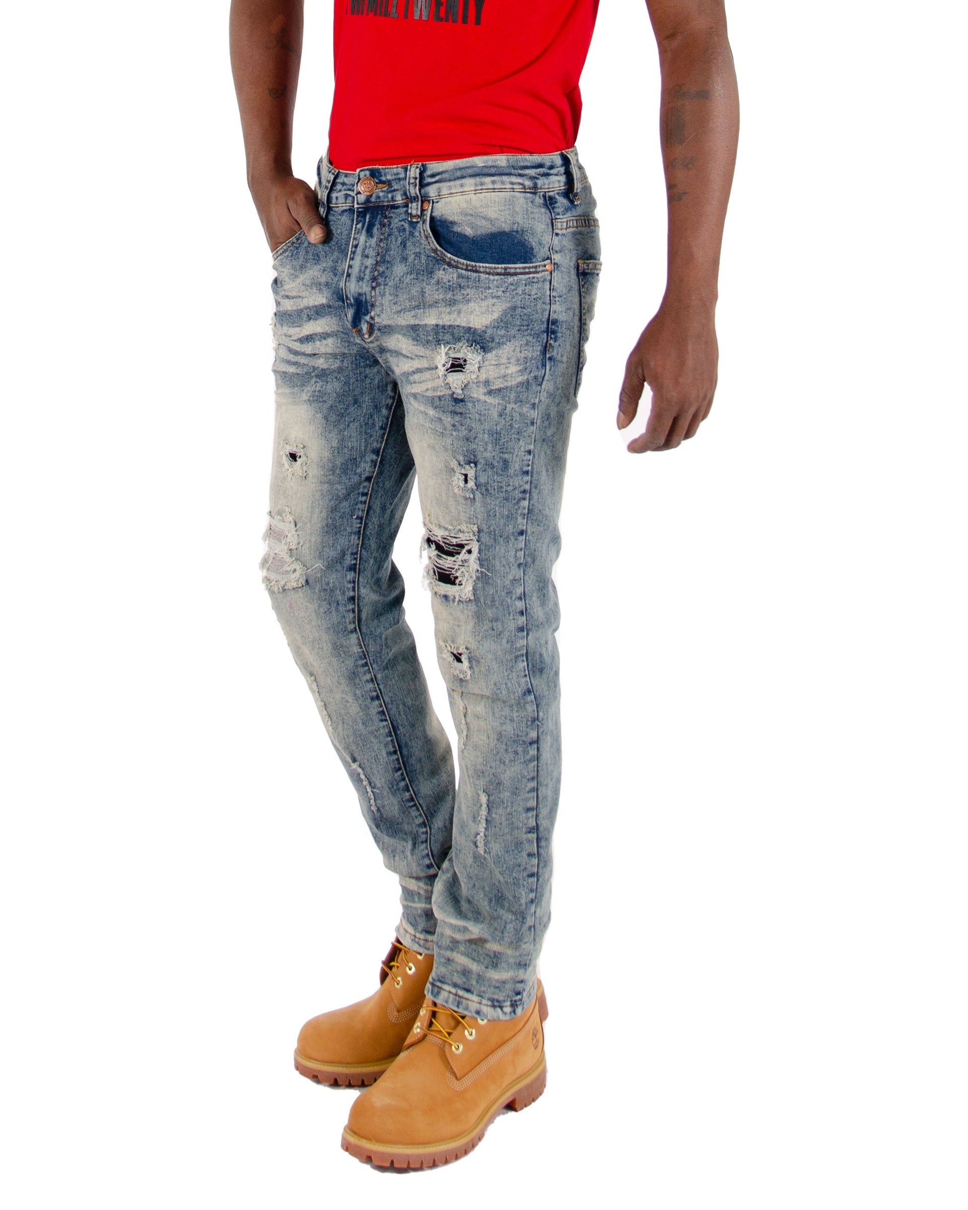 QUINCY | Men's Slim Straight Distressed Rip & Repair Denim Jeans in Vintage Blue Acid Wash