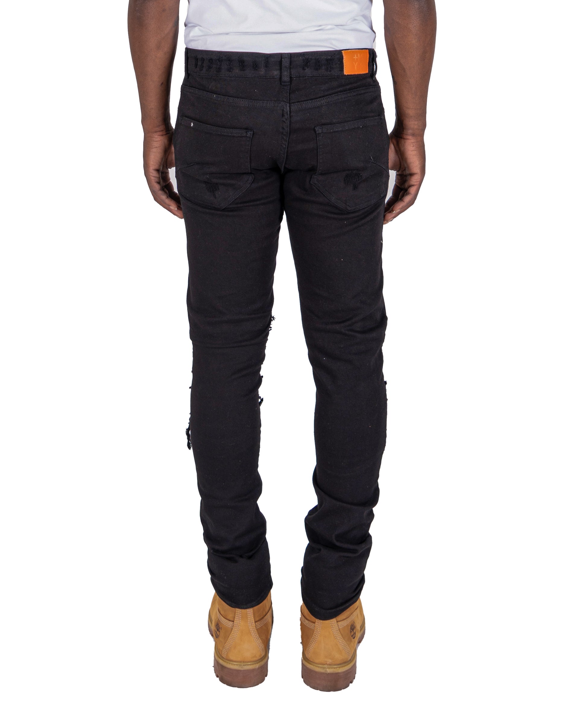 RANDOLPH | Men's Slim Skinny Shredded Rip & Repair Denim Jeans in Jet Black
