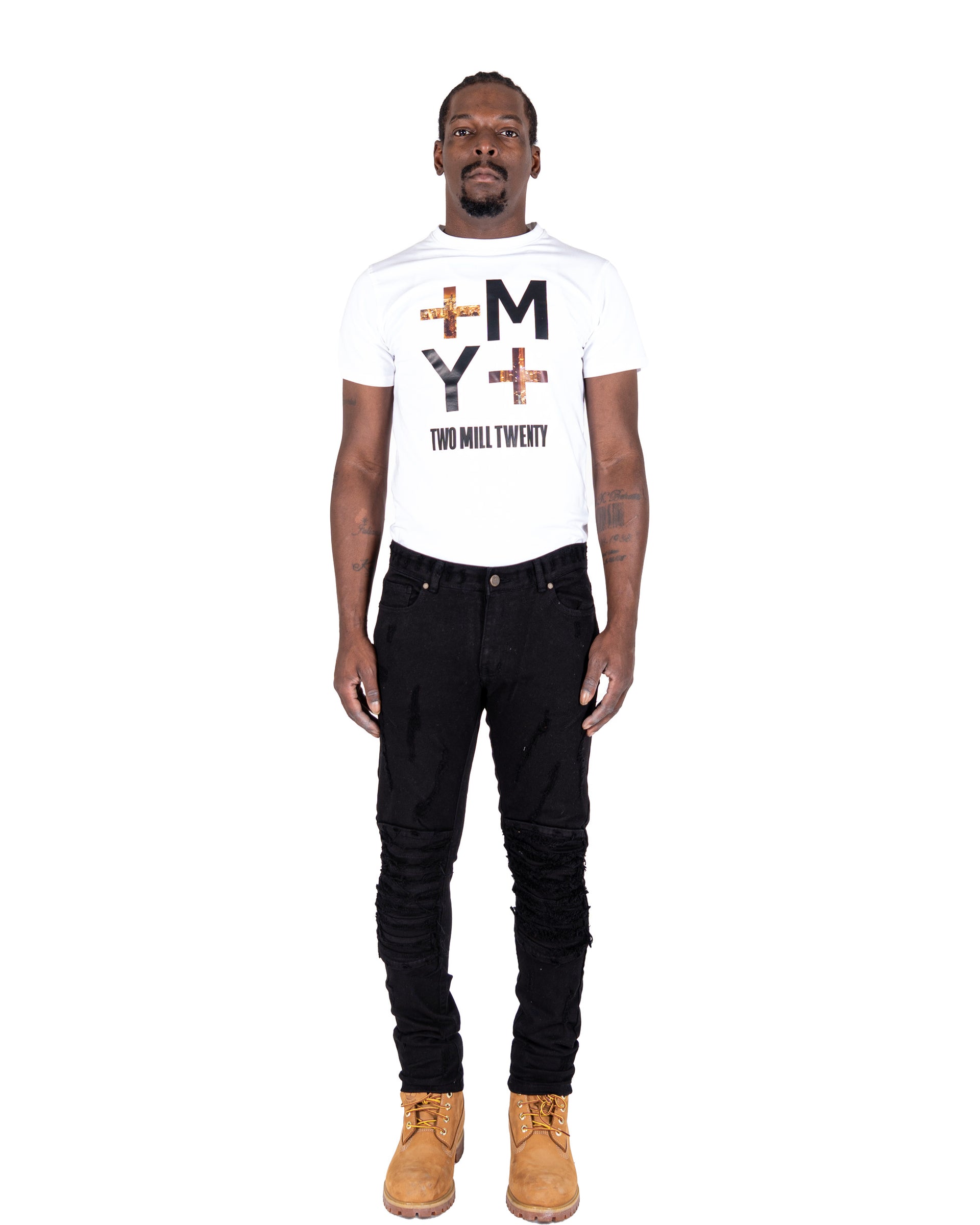 RANDOLPH | Men's Slim Skinny Shredded Rip & Repair Denim Jeans in Jet Black