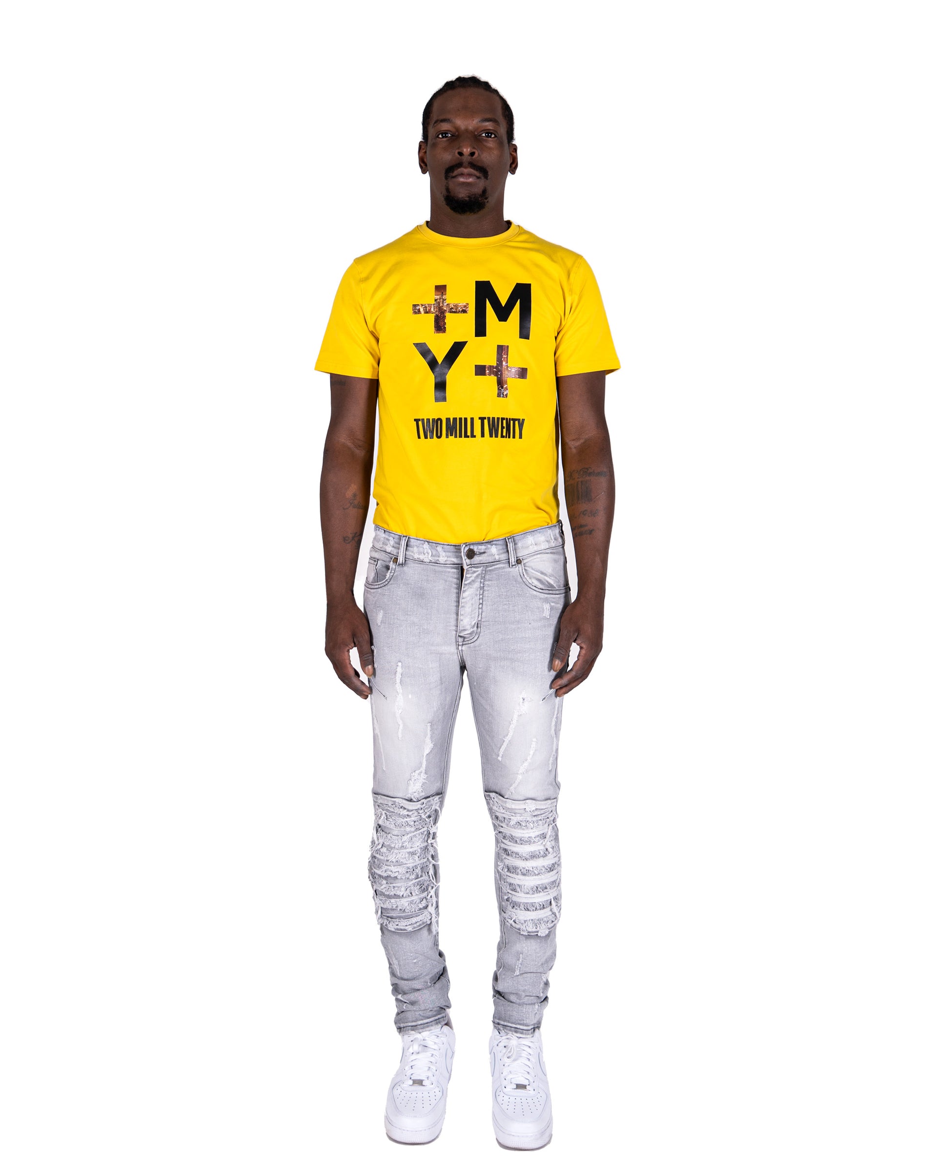 RANDOLPH | Men's Slim Skinny Shredded Rip & Repair Denim Jeans in Light Grey