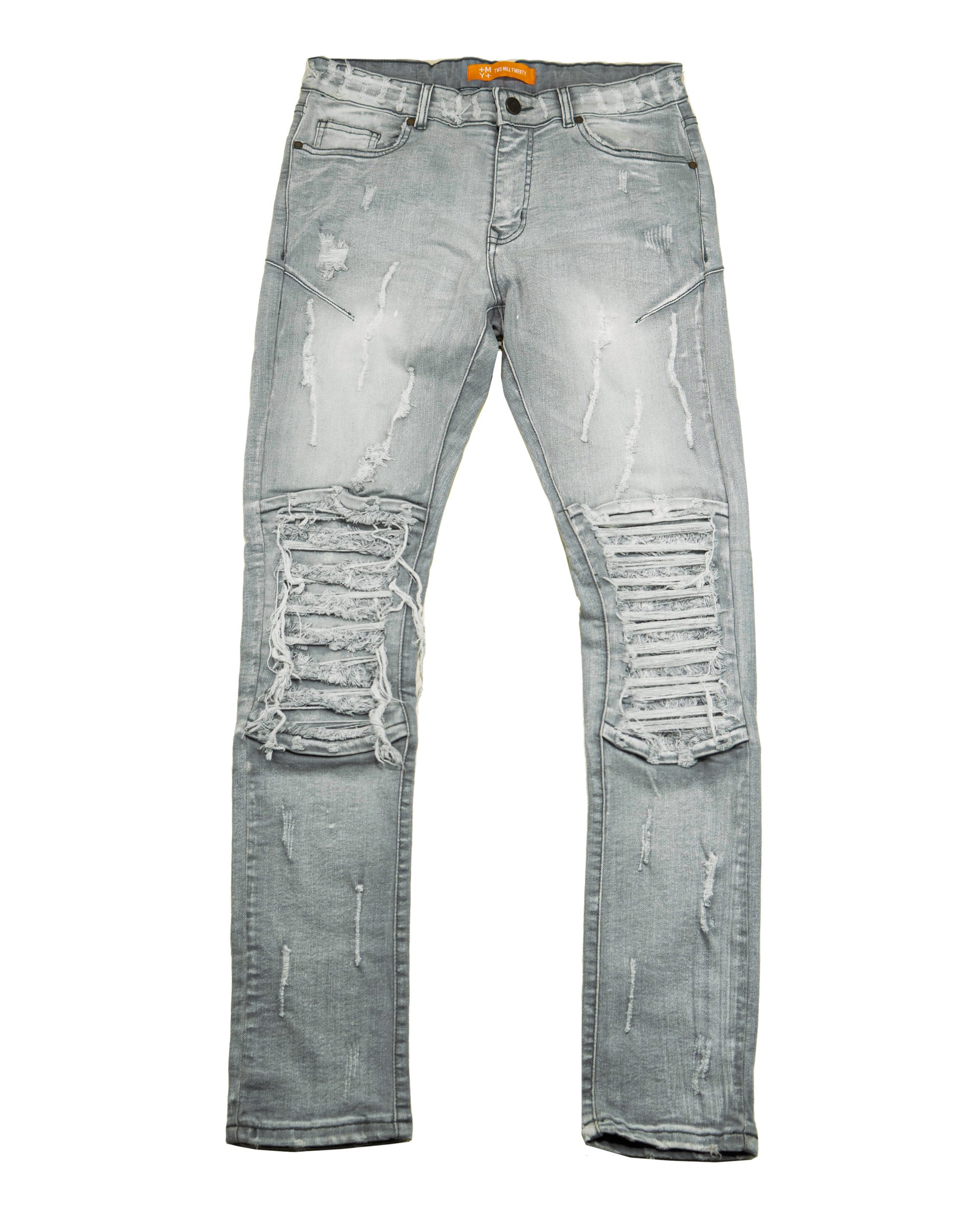 RANDOLPH | Men's Slim Skinny Shredded Rip & Repair Denim Jeans in Light Grey