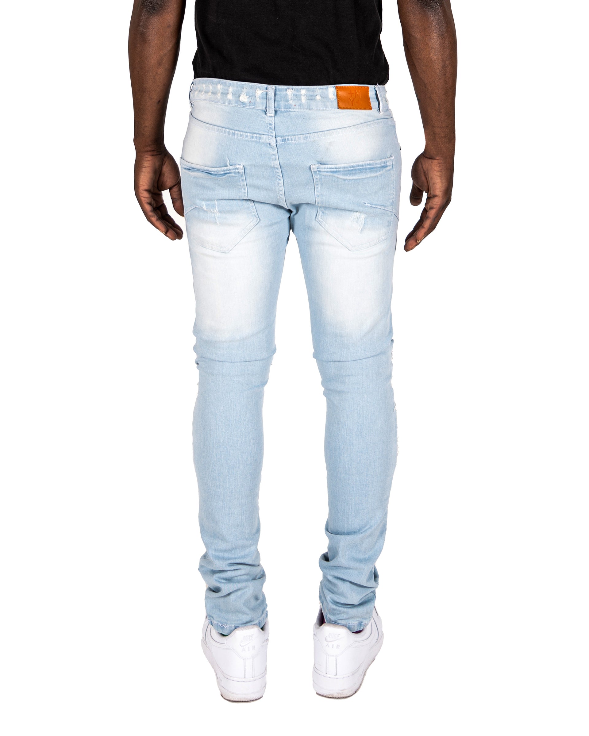 RANDOLPH | Men's Slim Skinny Shredded Rip & Repair Denim Jeans in Light Wash