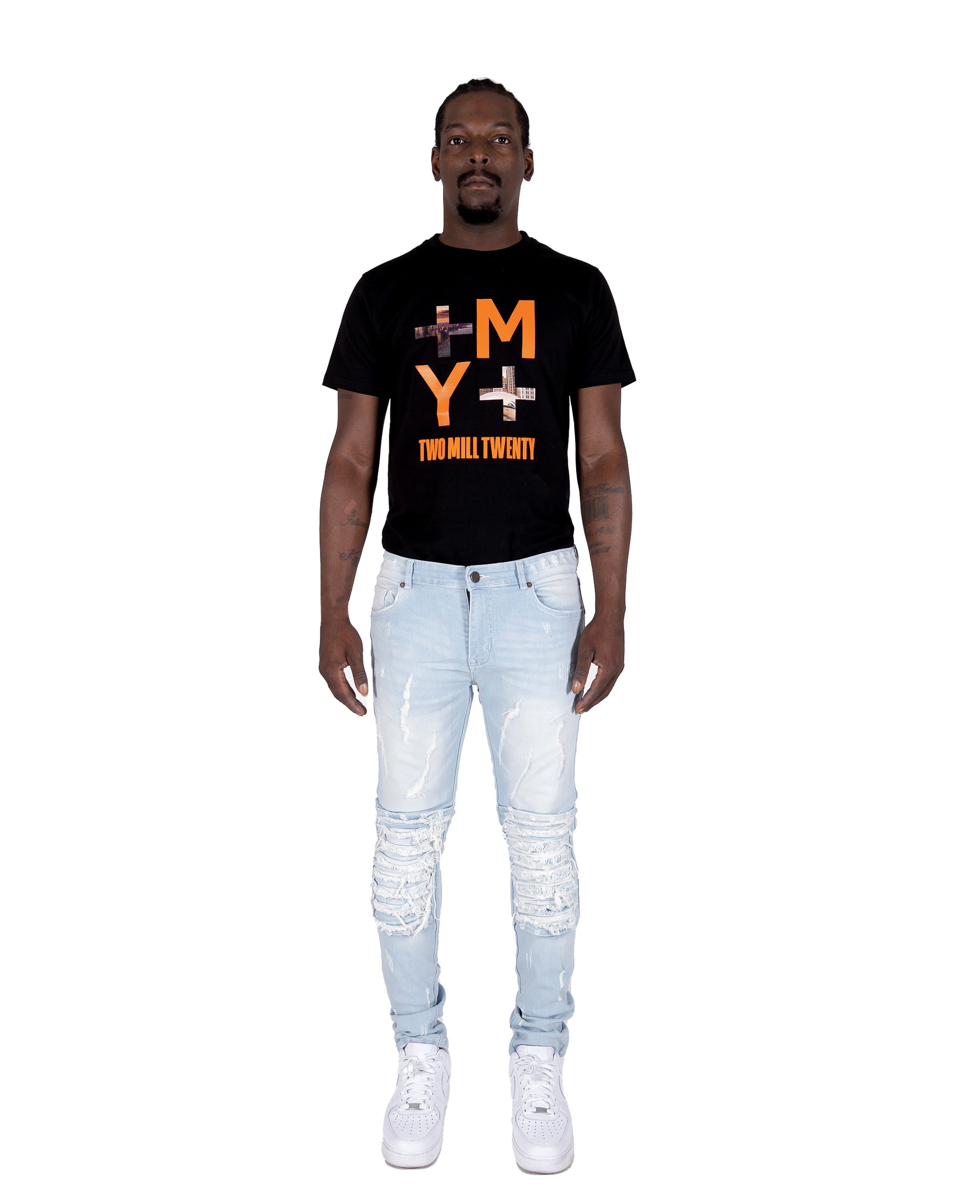 RANDOLPH | Men's Slim Skinny Shredded Rip & Repair Denim Jeans in Light Wash